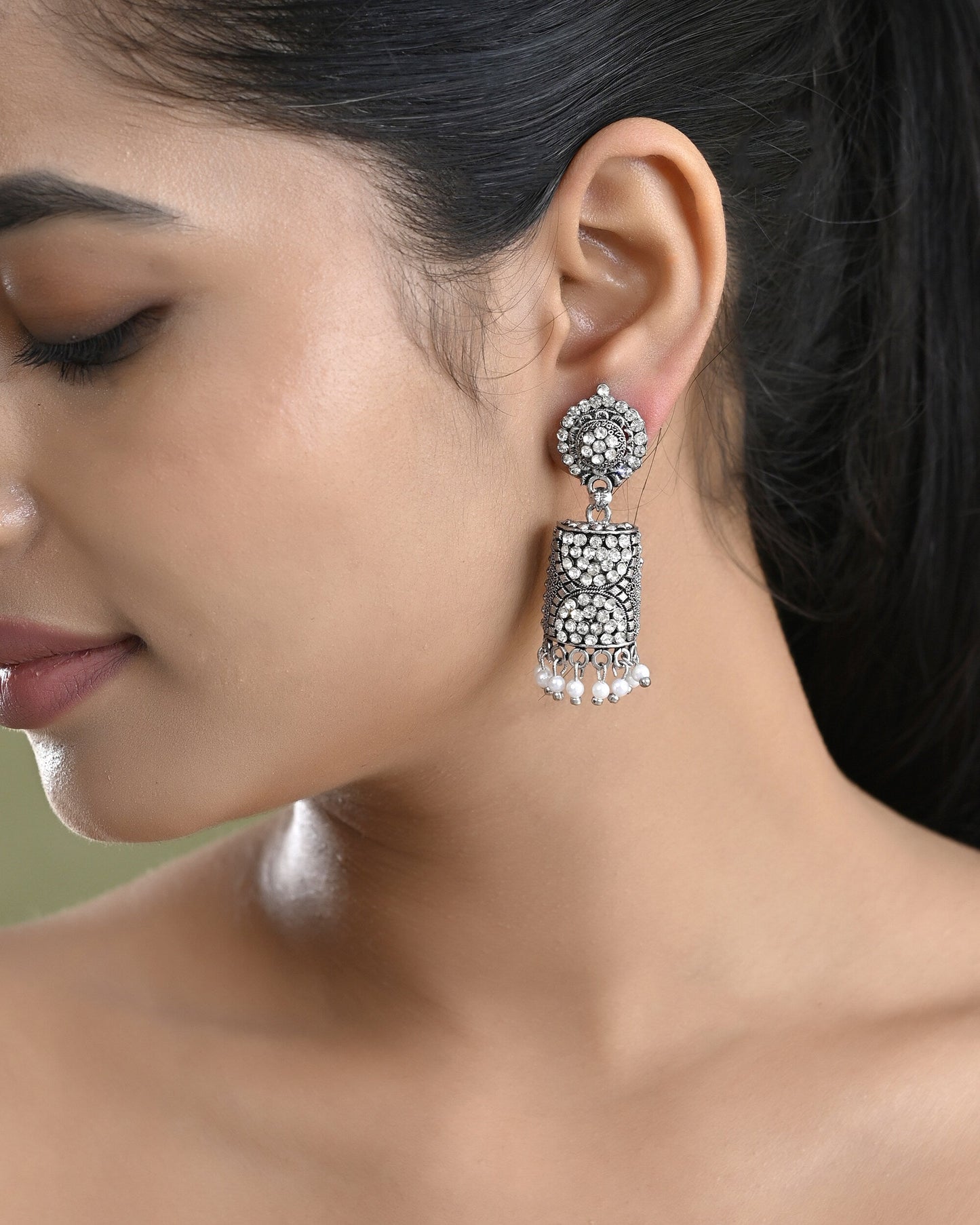 VOJ Silver Toned Stone Studded Jhumka Earrings - Swadesiicart