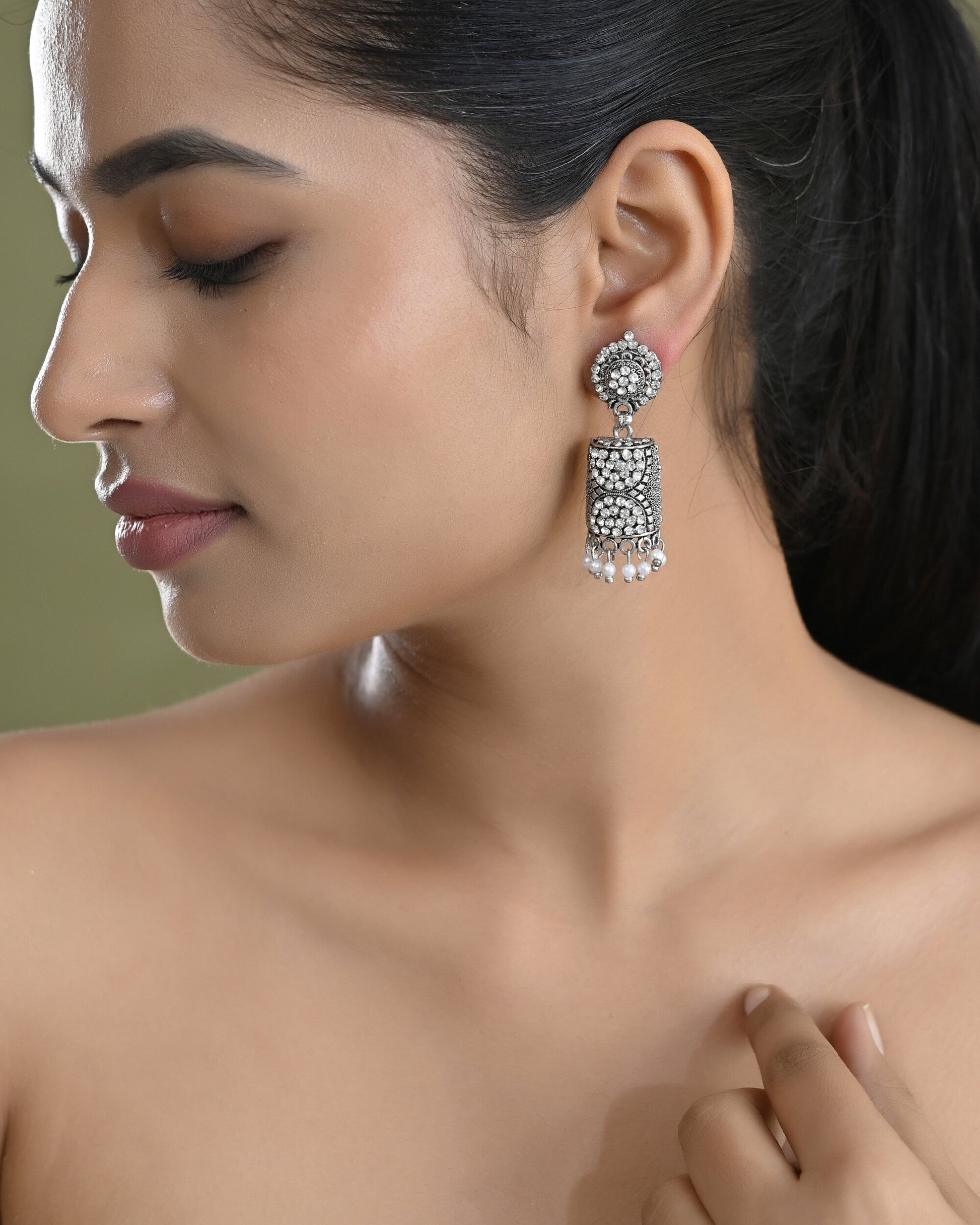 VOJ Silver Toned Stone Studded Jhumka Earrings - Swadesiicart