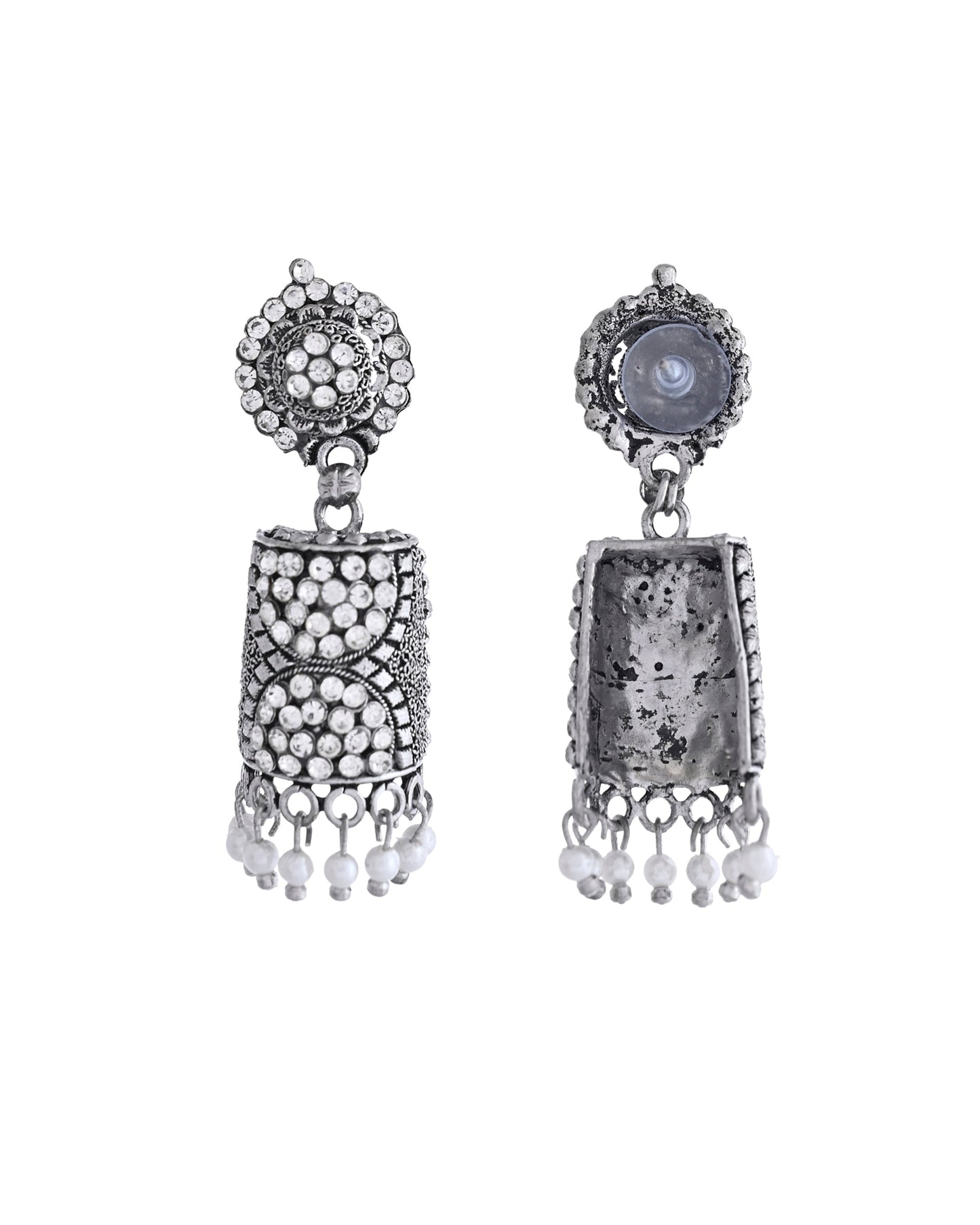 VOJ Silver Toned Stone Studded Jhumka Earrings - Swadesiicart