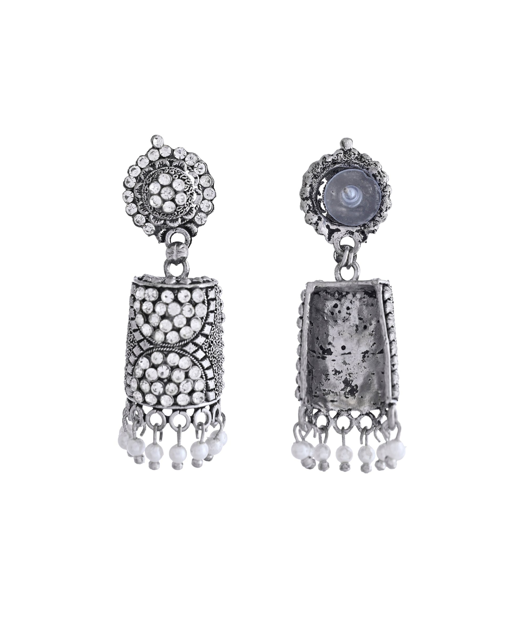 VOJ Silver Toned Stone Studded Jhumka Earrings - Swadesiicart
