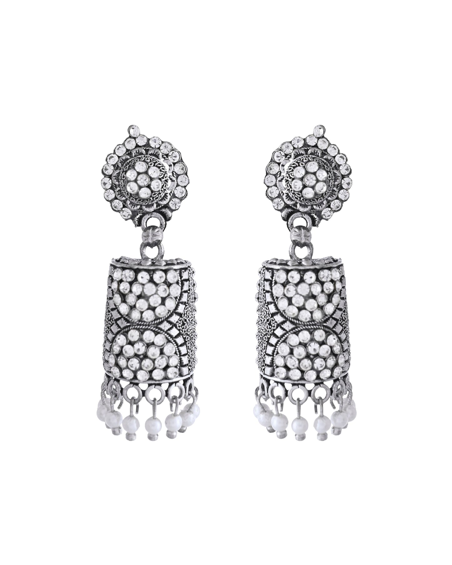 VOJ Silver Toned Stone Studded Jhumka Earrings - Swadesiicart