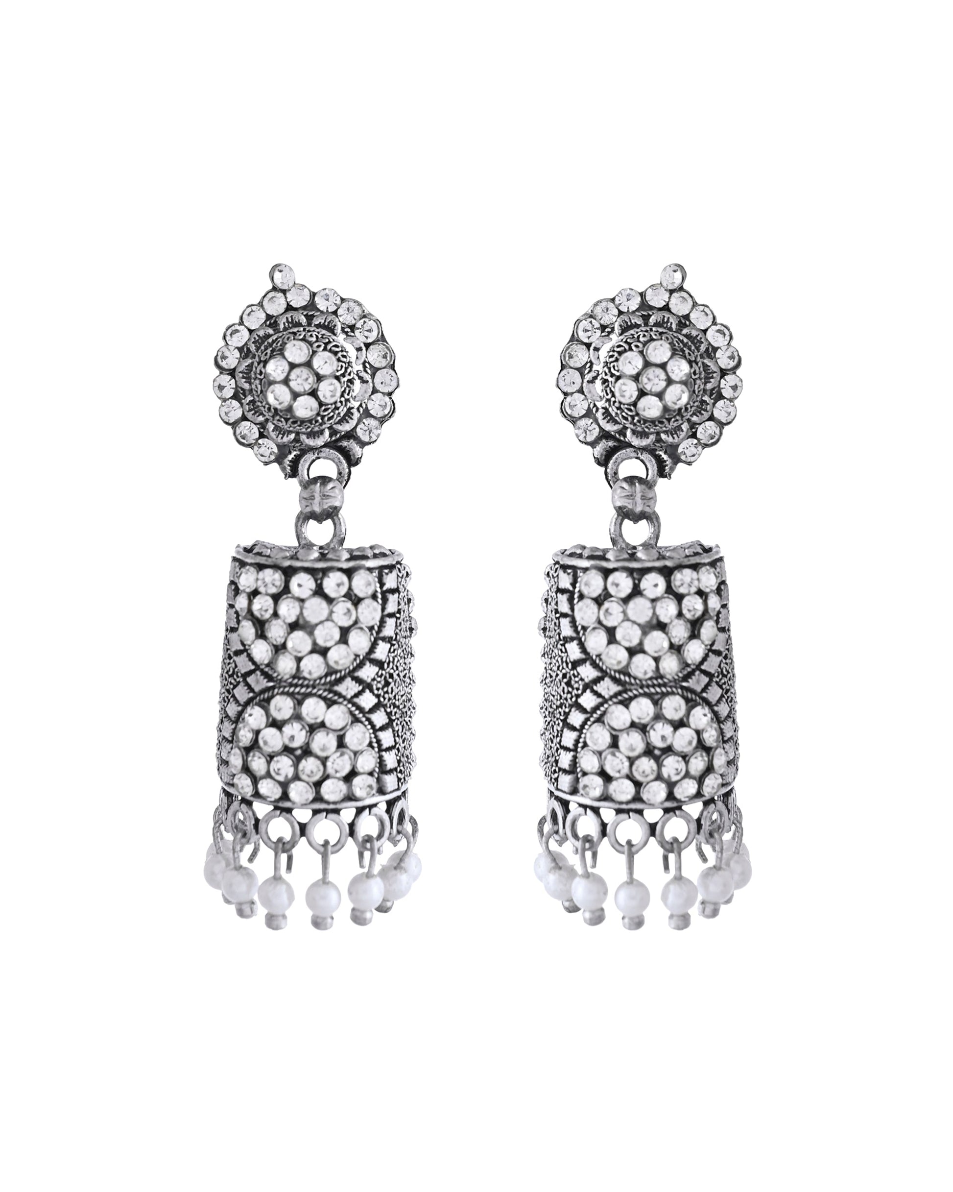 VOJ Silver Toned Stone Studded Jhumka Earrings - Swadesiicart