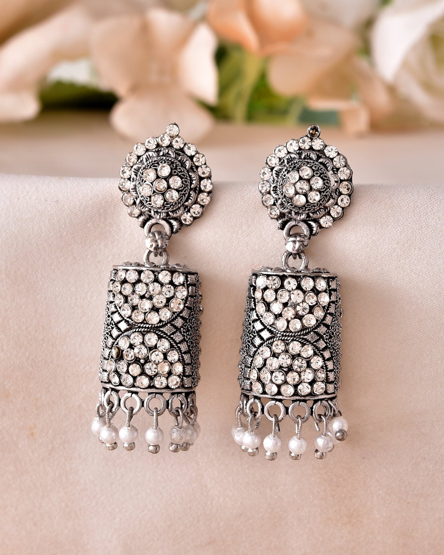 VOJ Silver Toned Stone Studded Jhumka Earrings - Swadesiicart