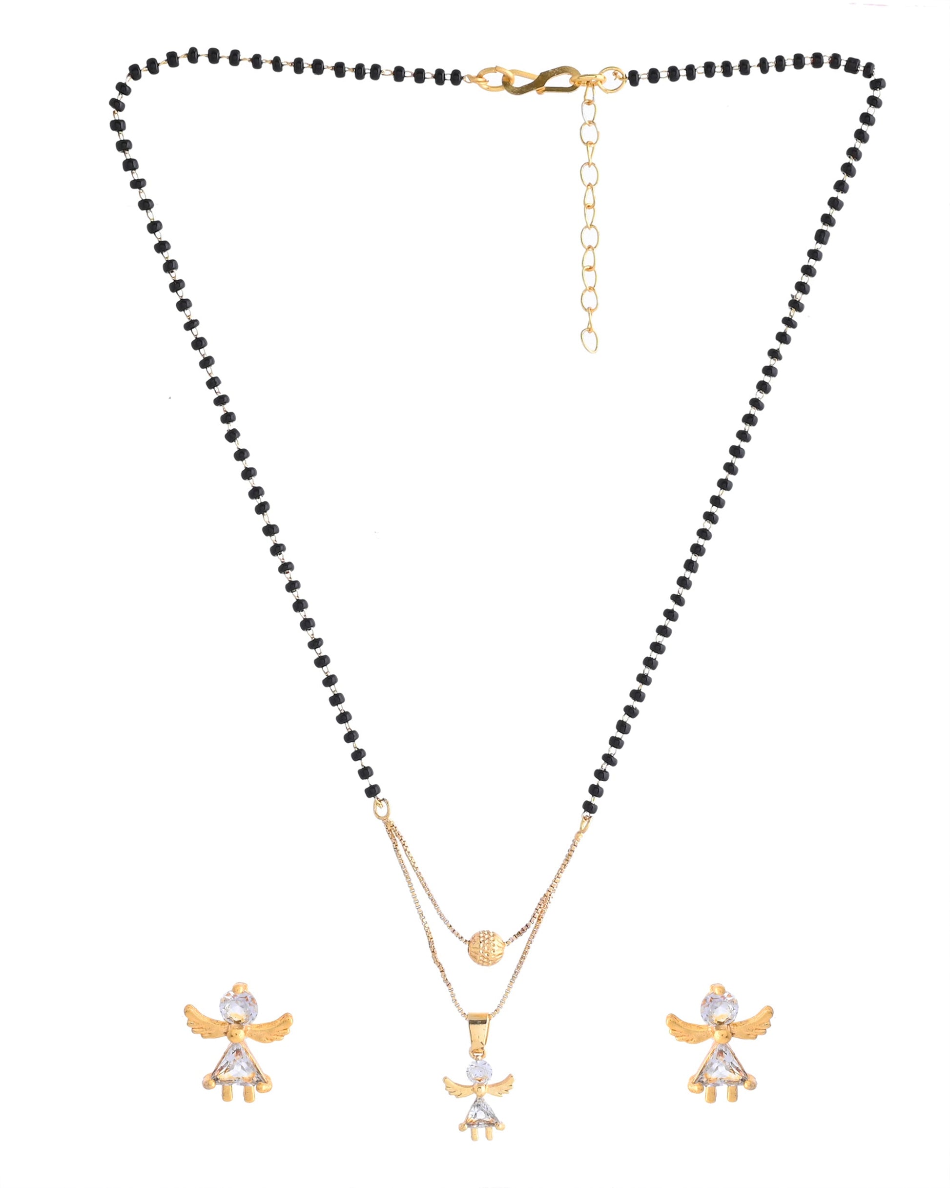 VOJ Gold-Polished Doll Shapped Stone Studded Mangalsutra With Earrings Set - Swadesiicart