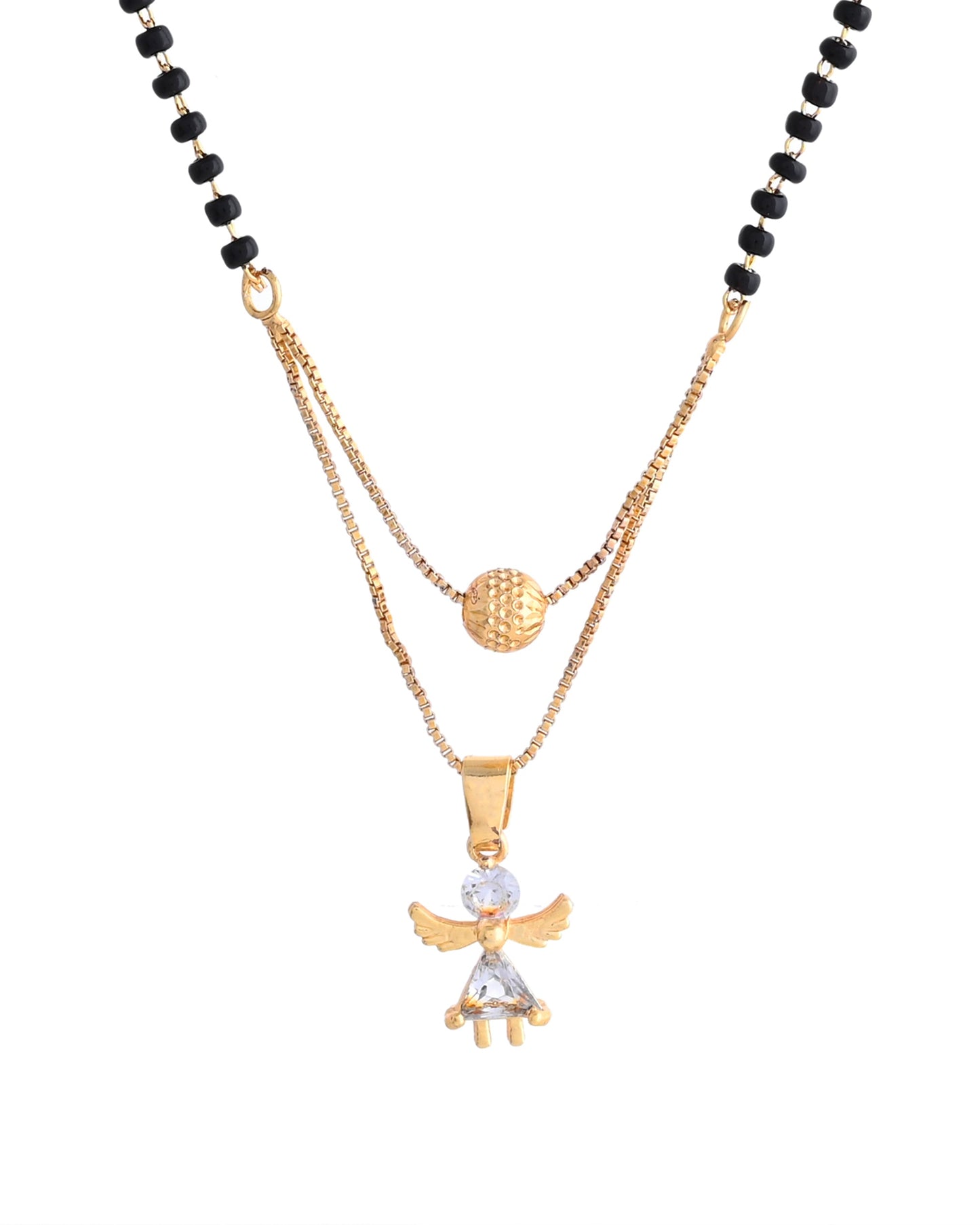 VOJ Gold-Polished Doll Shapped Stone Studded Mangalsutra With Earrings Set - Swadesiicart