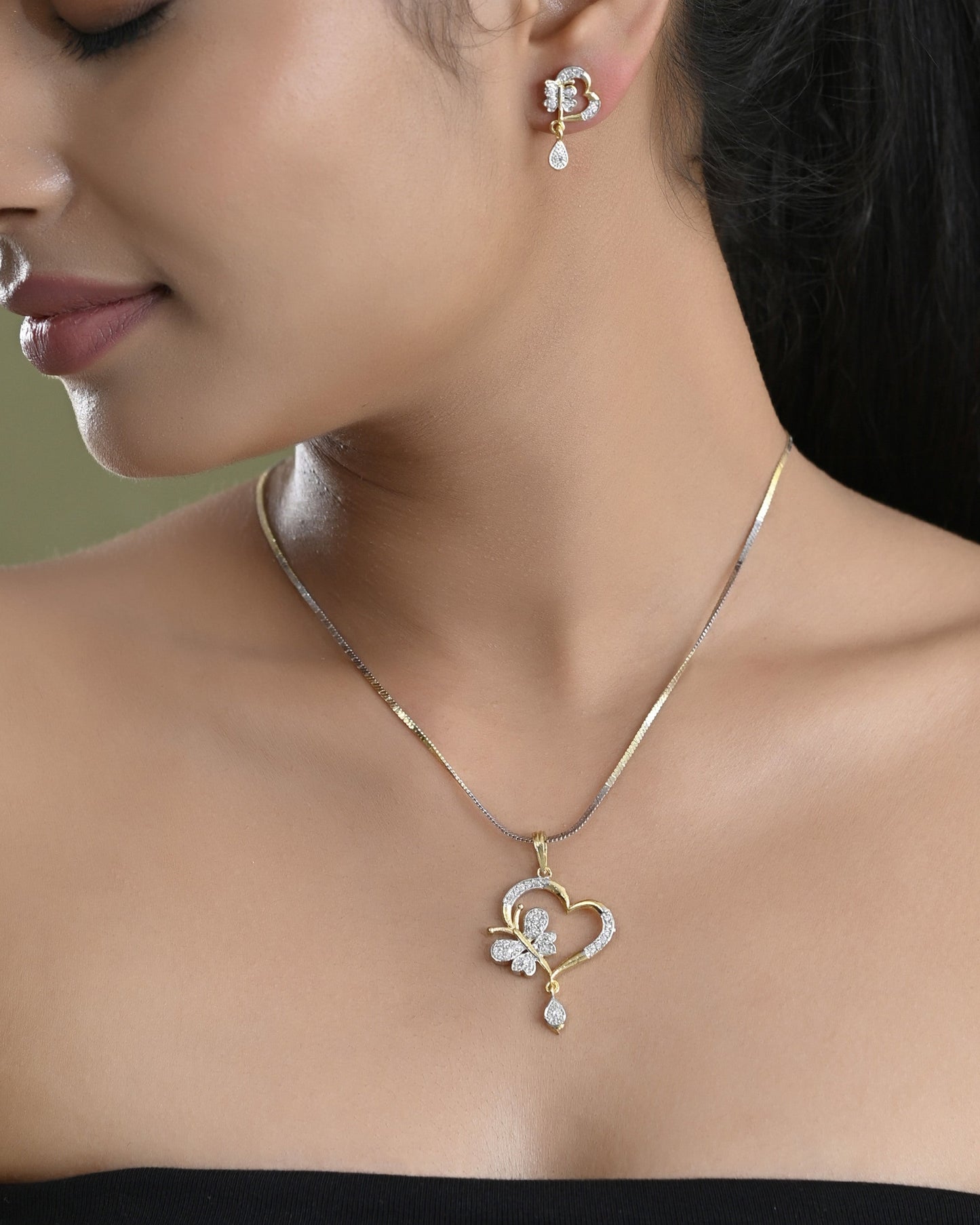 VOJ Dual Tone AD Stone Studded Butterfly Shaped Chain Set With Pandent | Swadesiicart