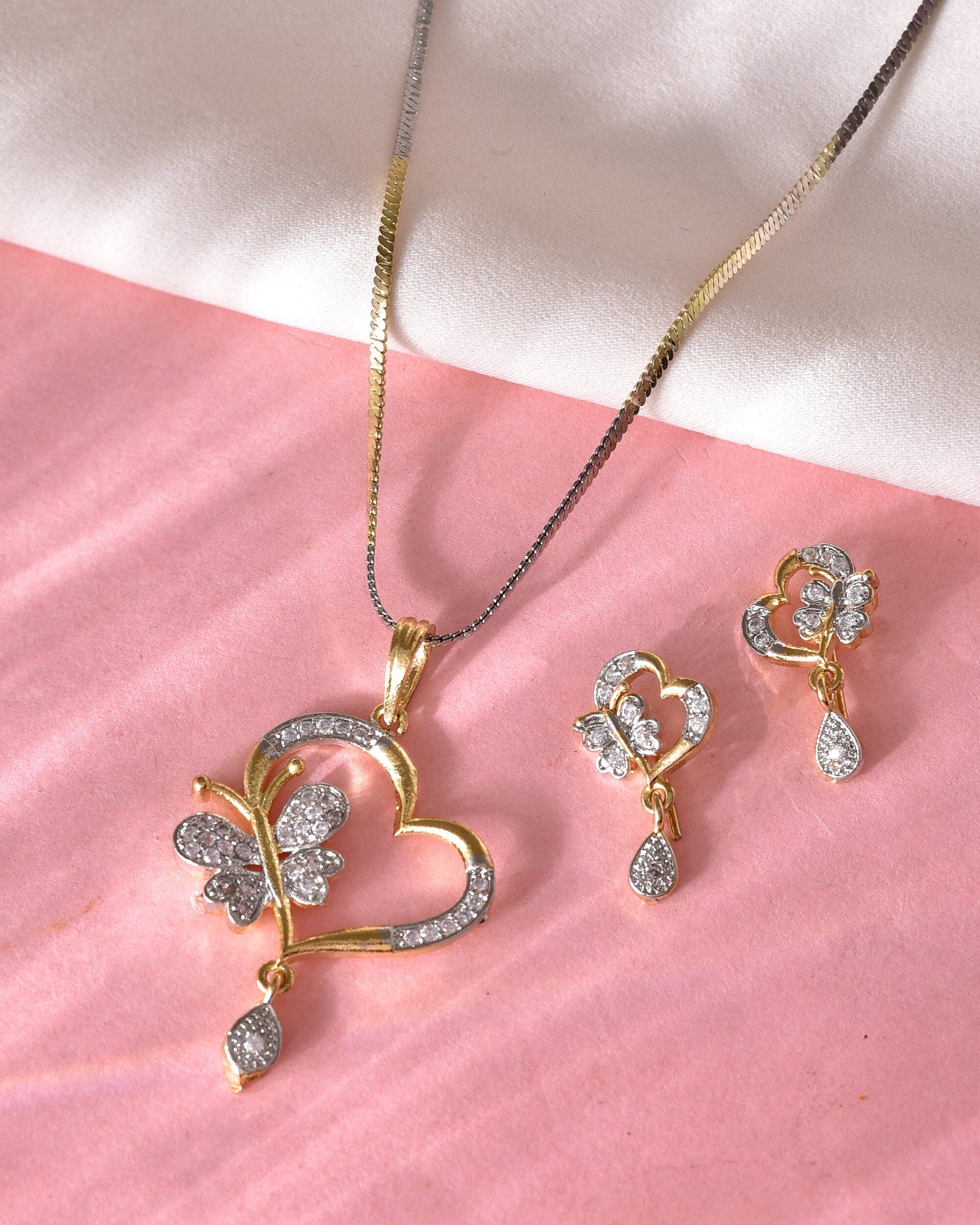 VOJ Dual Tone AD Stone Studded Butterfly Shaped Chain Set With Pandent | Swadesiicart