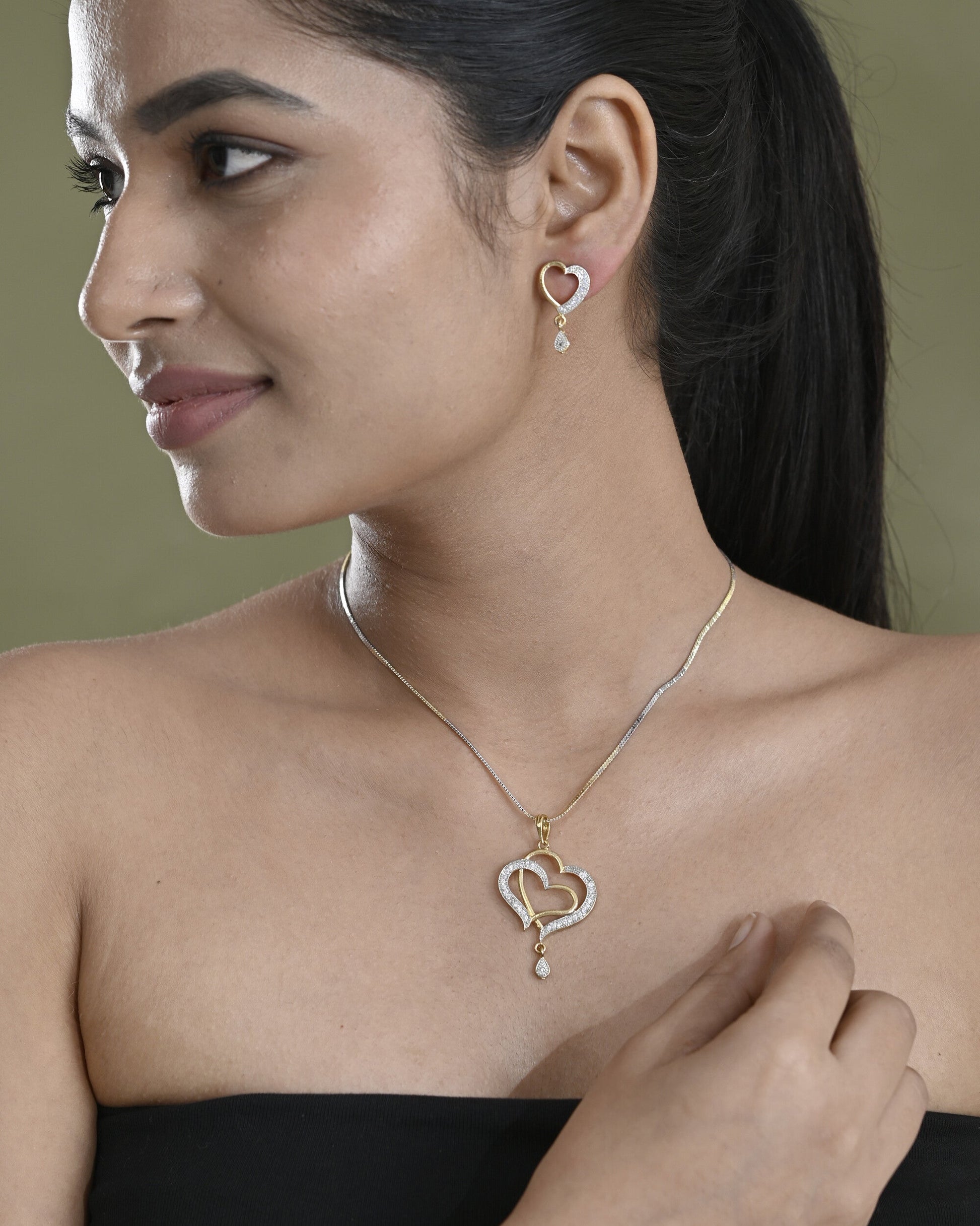 VOJ Dual Tone AD Stone Studded Heart Shaped Chain Set With Pendant | Swadesiicart