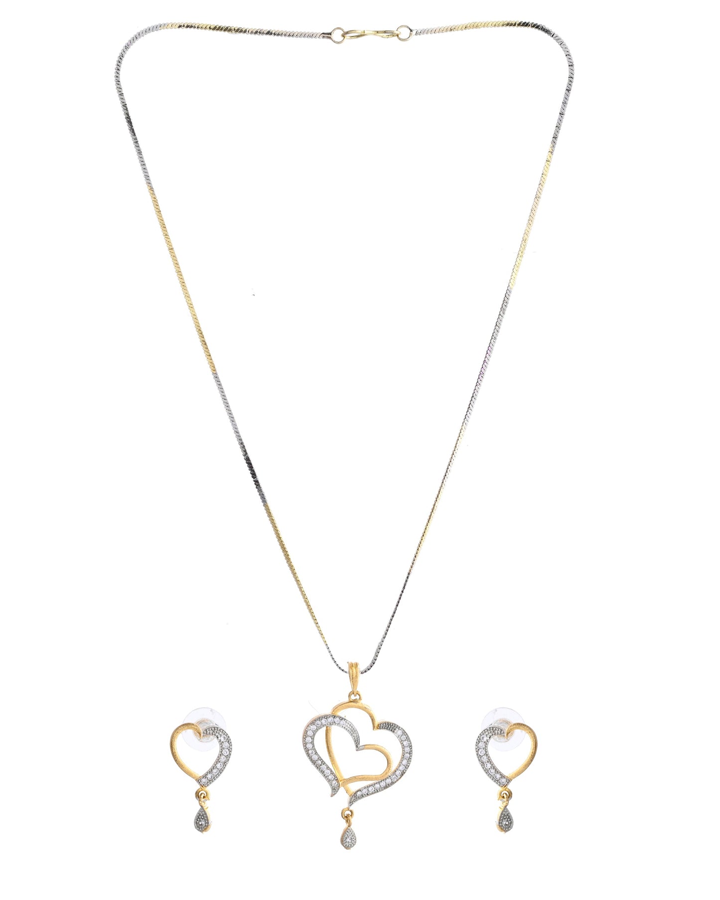 VOJ Dual Tone AD Stone Studded Heart Shaped Chain Set With Pendant | Swadesiicart
