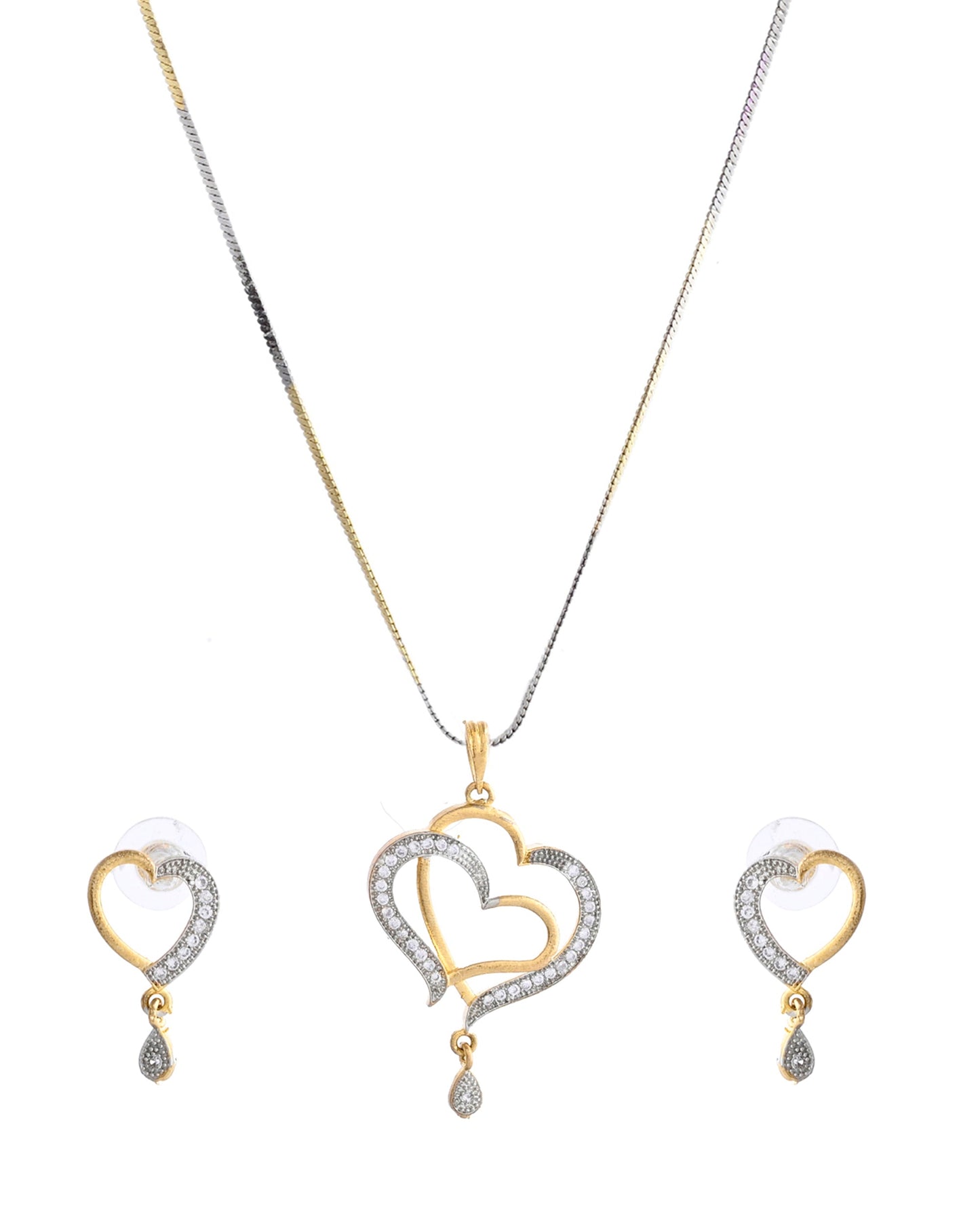VOJ Dual Tone AD Stone Studded Heart Shaped Chain Set With Pendant | Swadesiicart