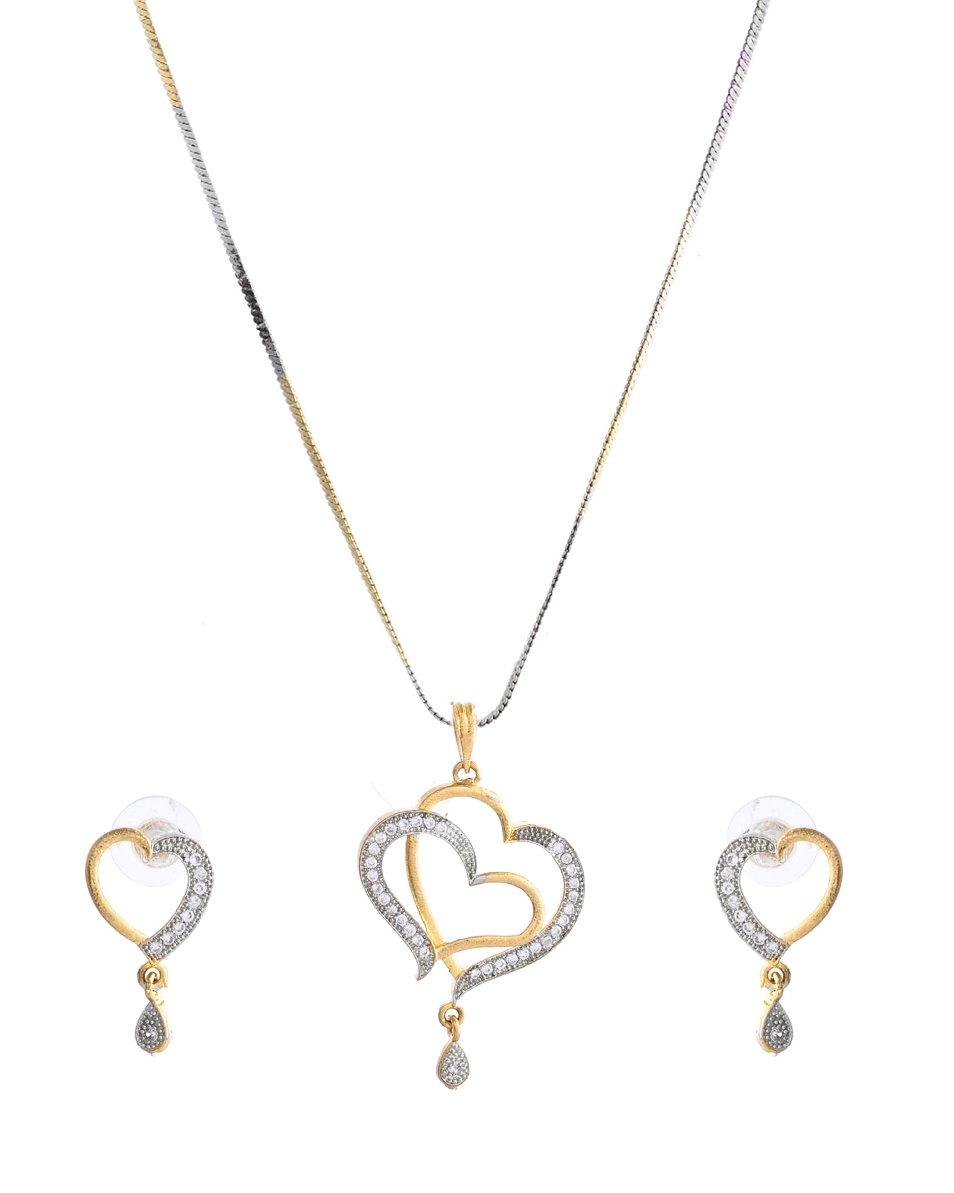 VOJ Dual Tone AD Stone Studded Heart Shaped Chain Set With Pendant | Swadesiicart