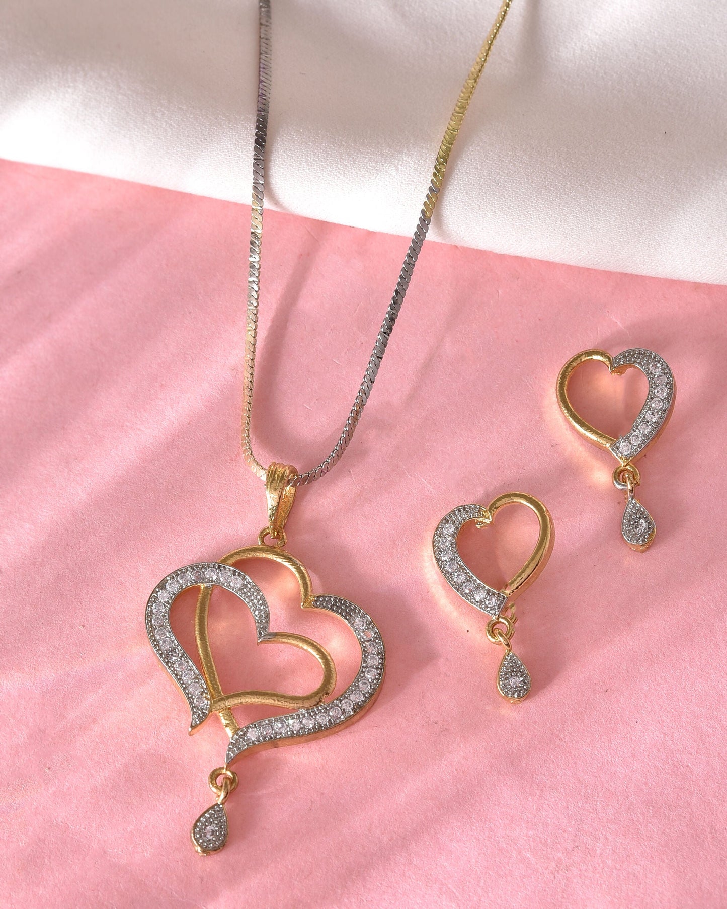 VOJ Dual Tone AD Stone Studded Heart Shaped Chain Set With Pendant | Swadesiicart