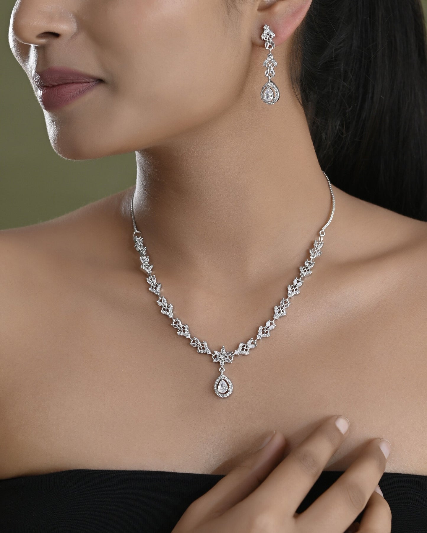 VOJ Silver Plated Elegent Designer AD Jewellery Set - Swadesiicart