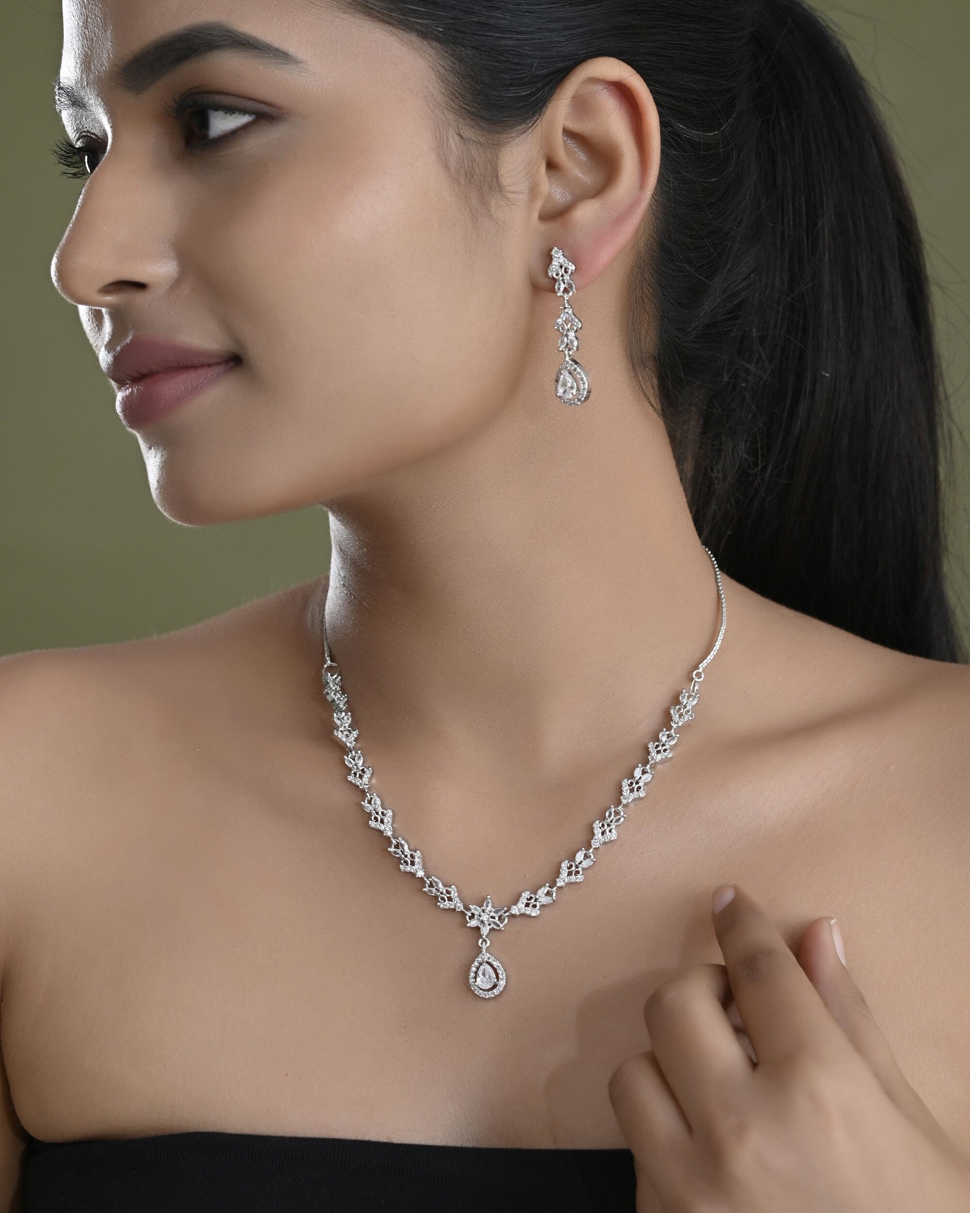 VOJ Silver Plated Elegent Designer AD Jewellery Set - Swadesiicart