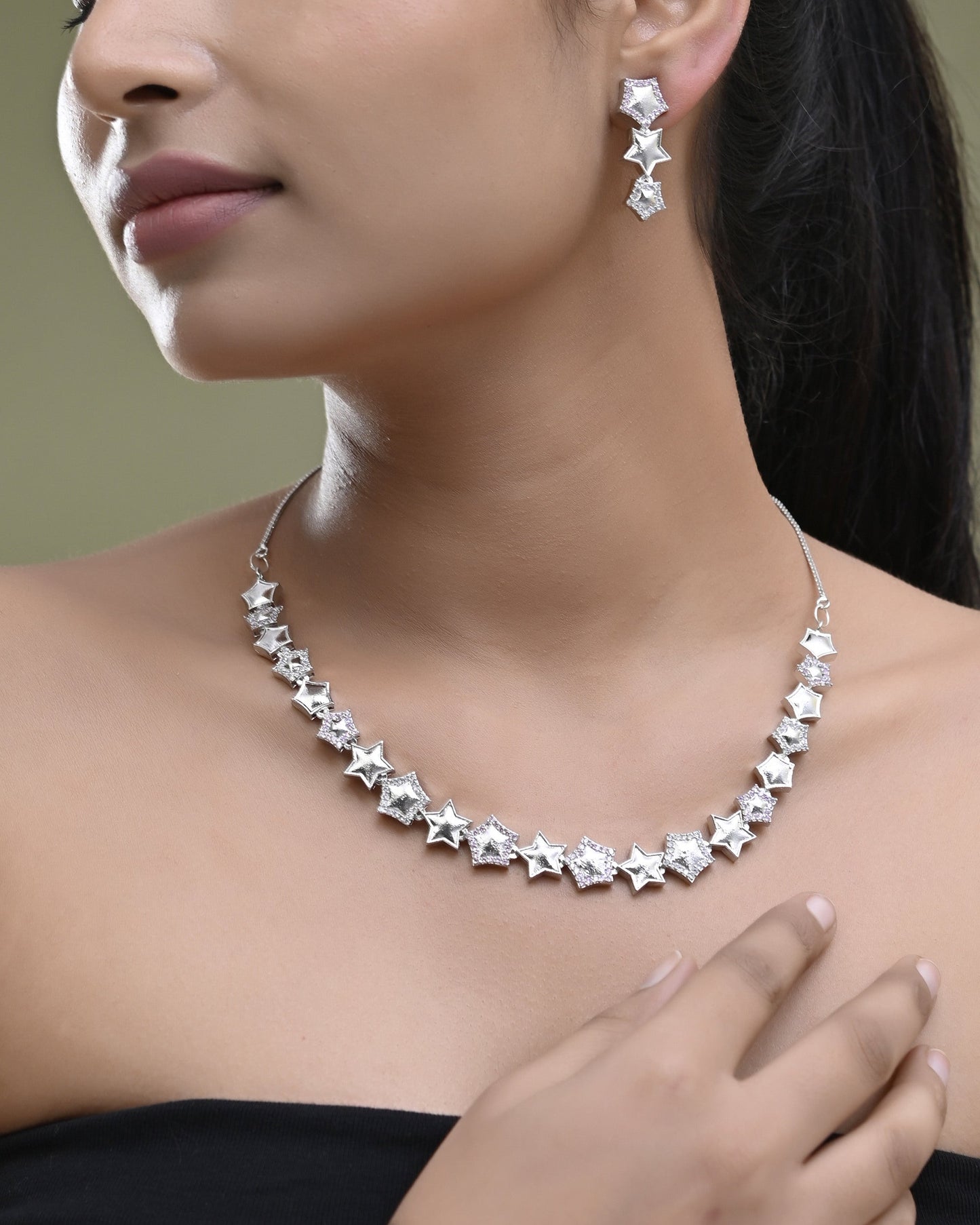VOJ Silver Plated Star Shaped Necklace With Earrings Set - Swadesiicart