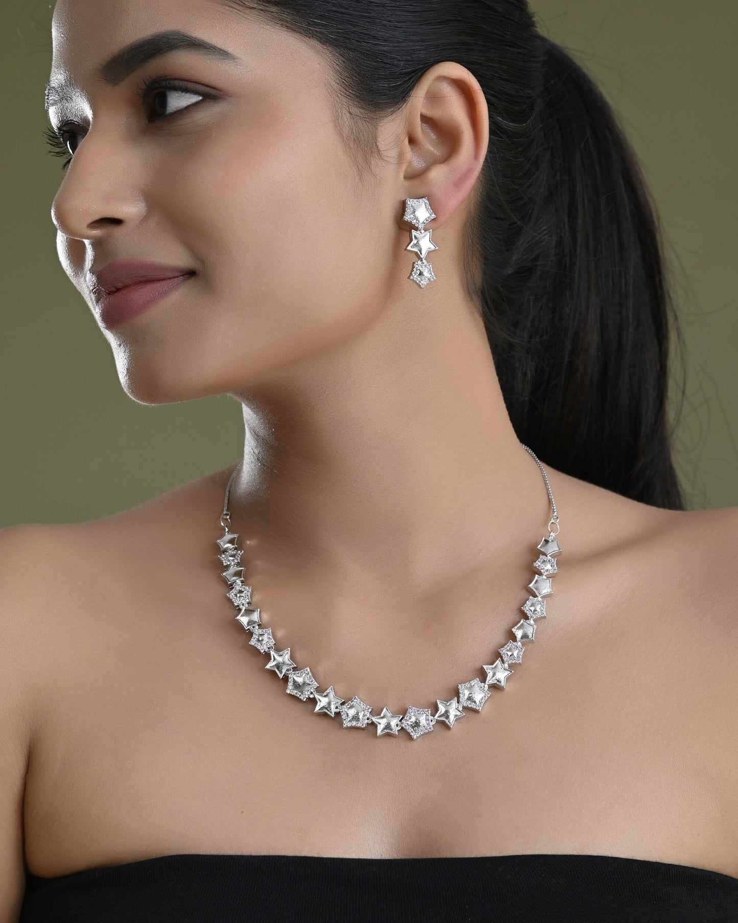 VOJ Silver Plated Star Shaped Necklace With Earrings Set - Swadesiicart