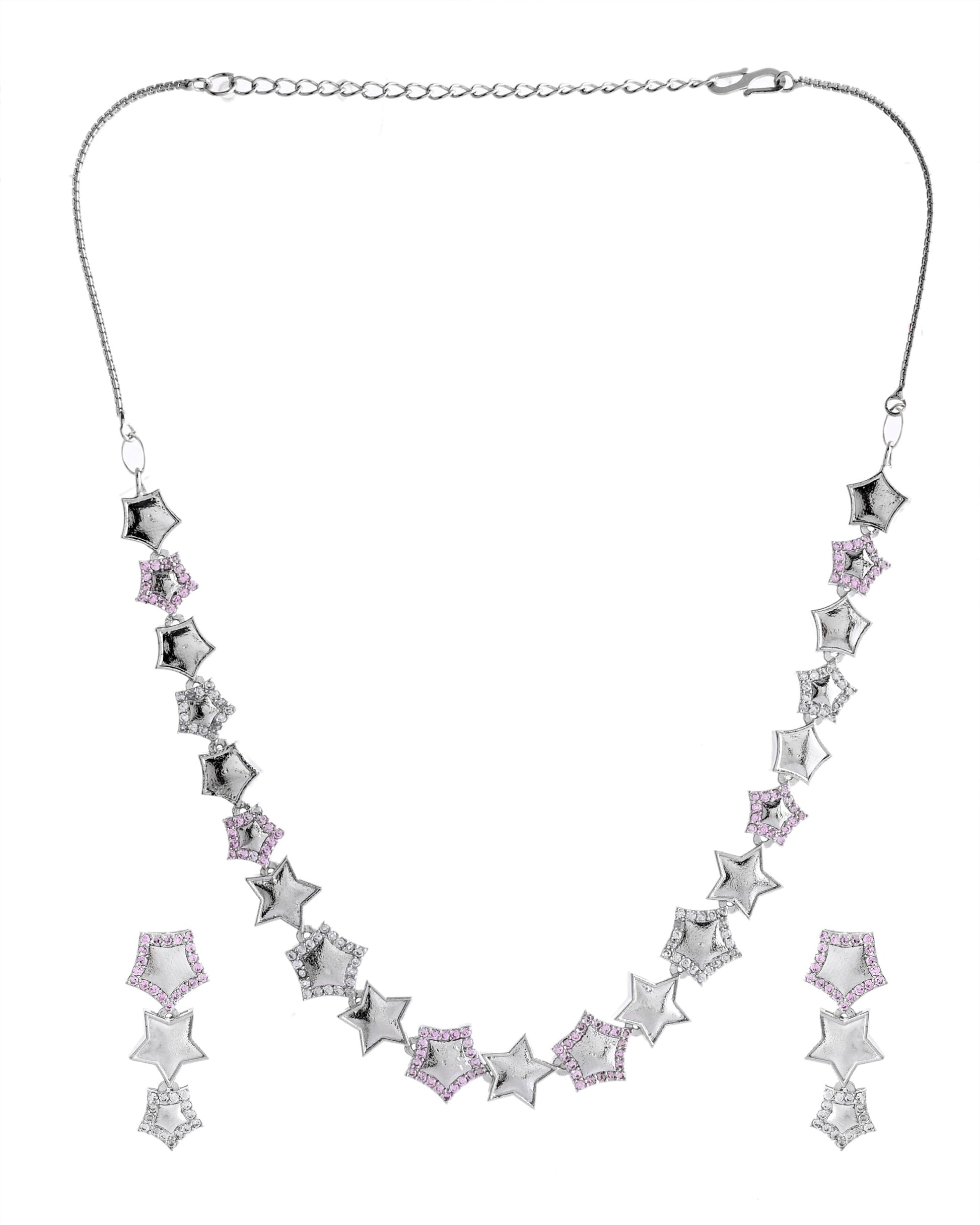 VOJ Silver Plated Star Shaped Necklace With Earrings Set - Swadesiicart
