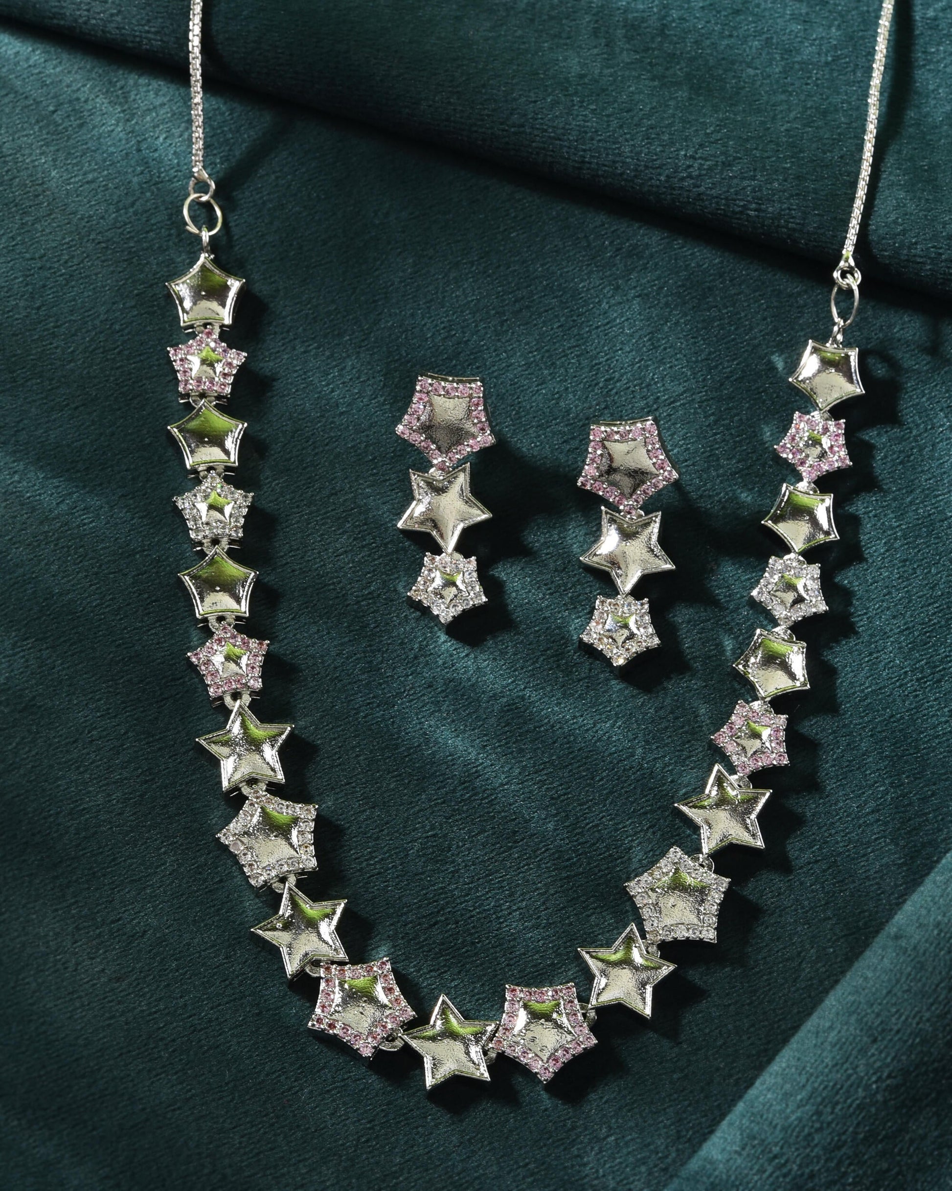 VOJ Silver Plated Star Shaped Necklace With Earrings Set - Swadesiicart