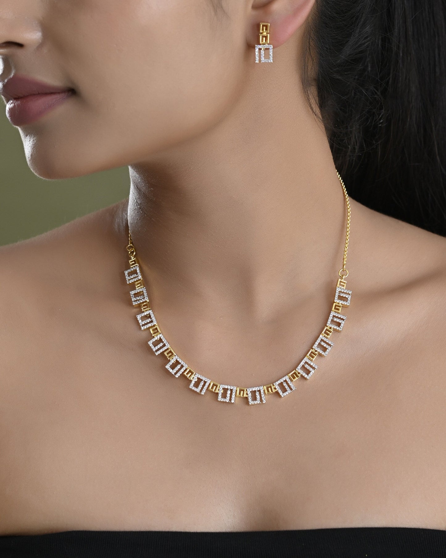 VOJ Gold-Polished Geometrical AD Jewellery Set - Swadesiicart