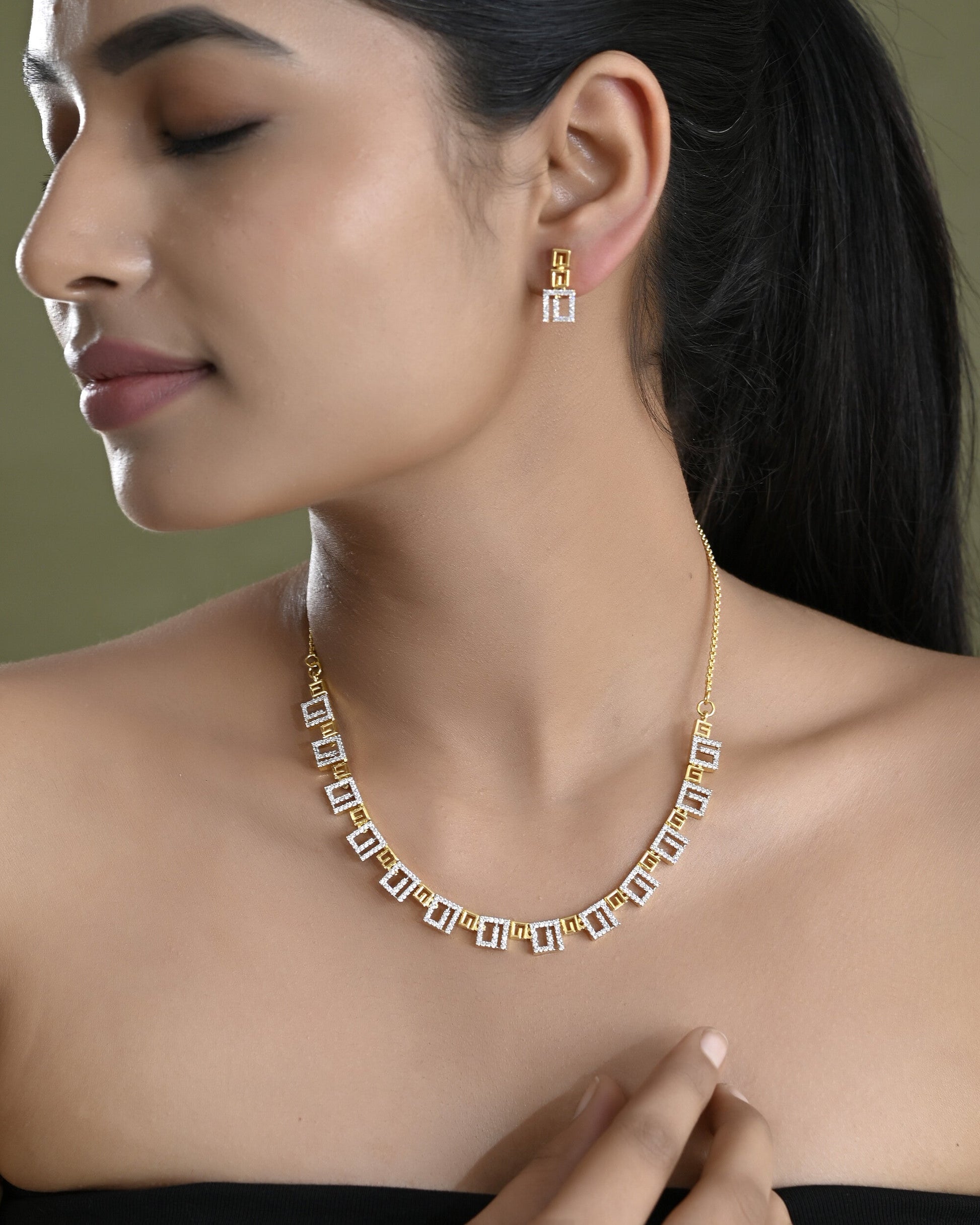 VOJ Gold-Polished Geometrical AD Jewellery Set - Swadesiicart
