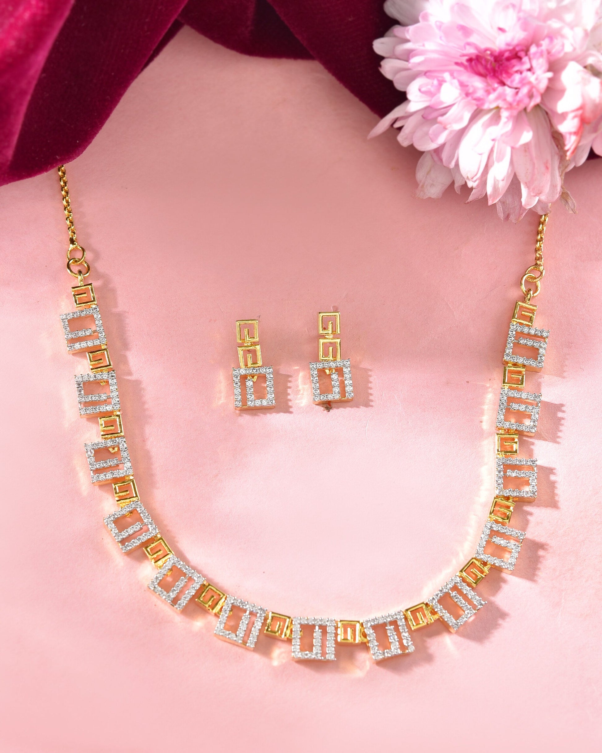 VOJ Gold-Polished Geometrical AD Jewellery Set - Swadesiicart