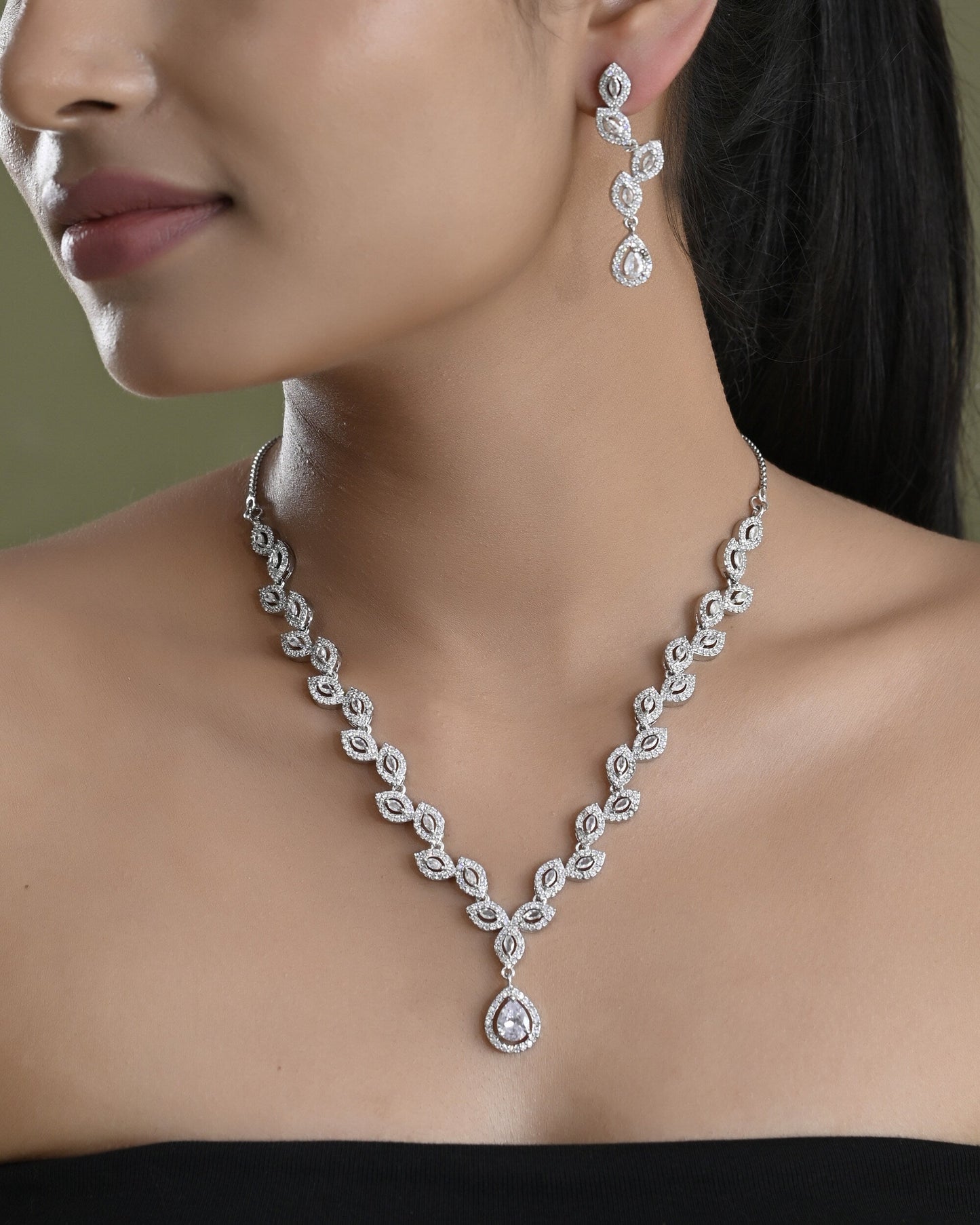 VOJ Silver Plated Tear Drop Shaped AD Necklace With Earrings Set - Swadesiicart