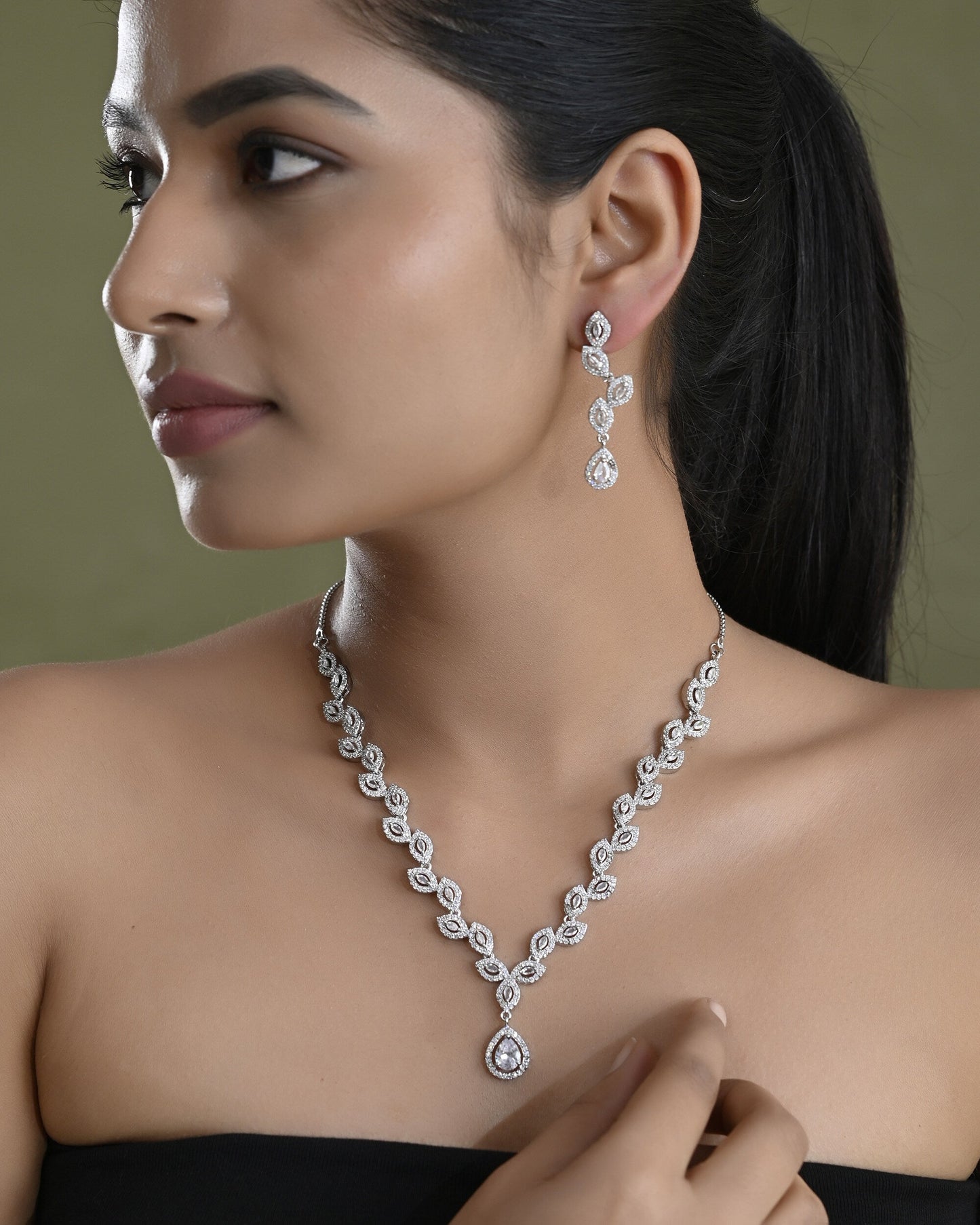 VOJ Silver Plated Tear Drop Shaped AD Necklace With Earrings Set - Swadesiicart