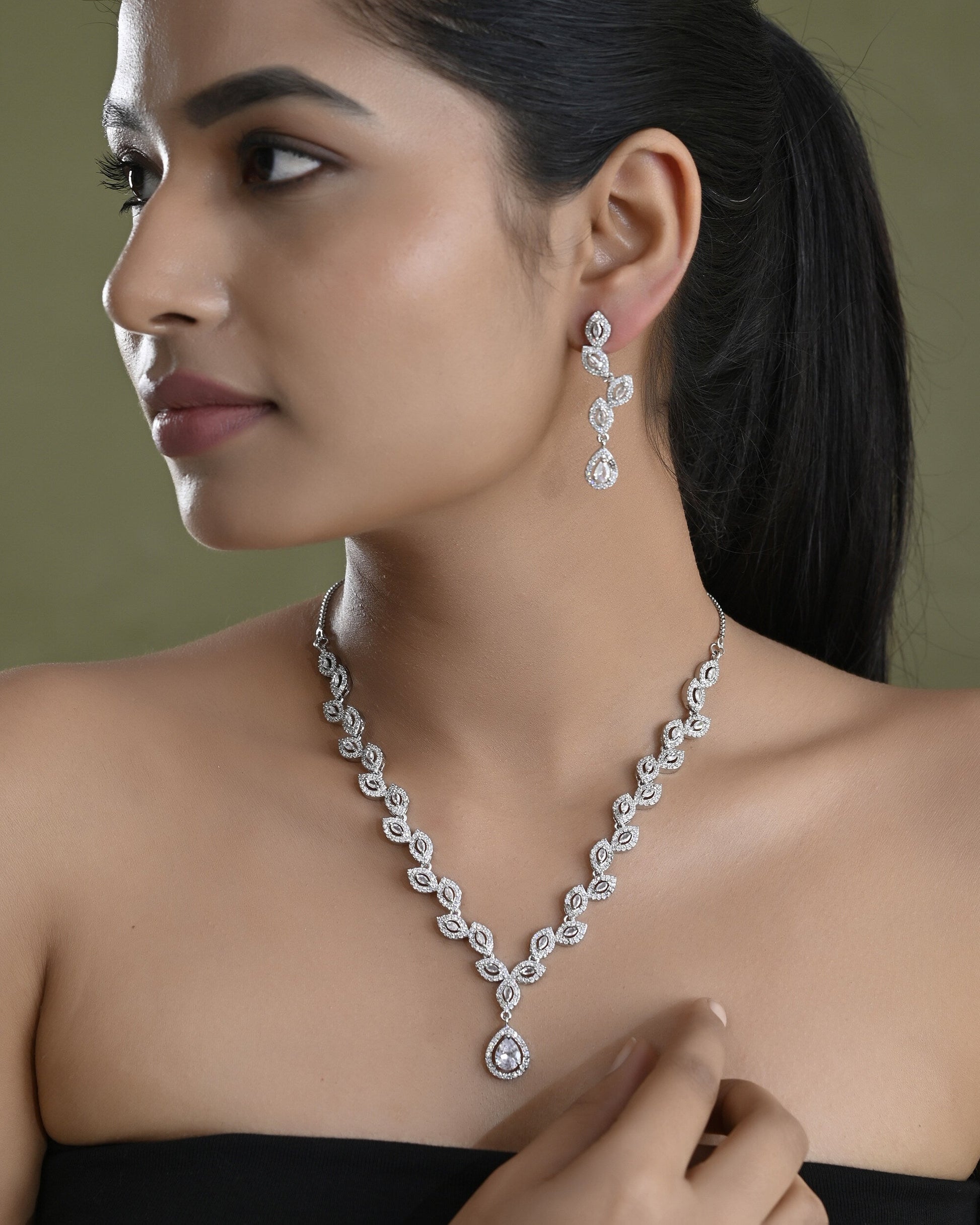 VOJ Silver Plated Tear Drop Shaped AD Necklace With Earrings Set - Swadesiicart