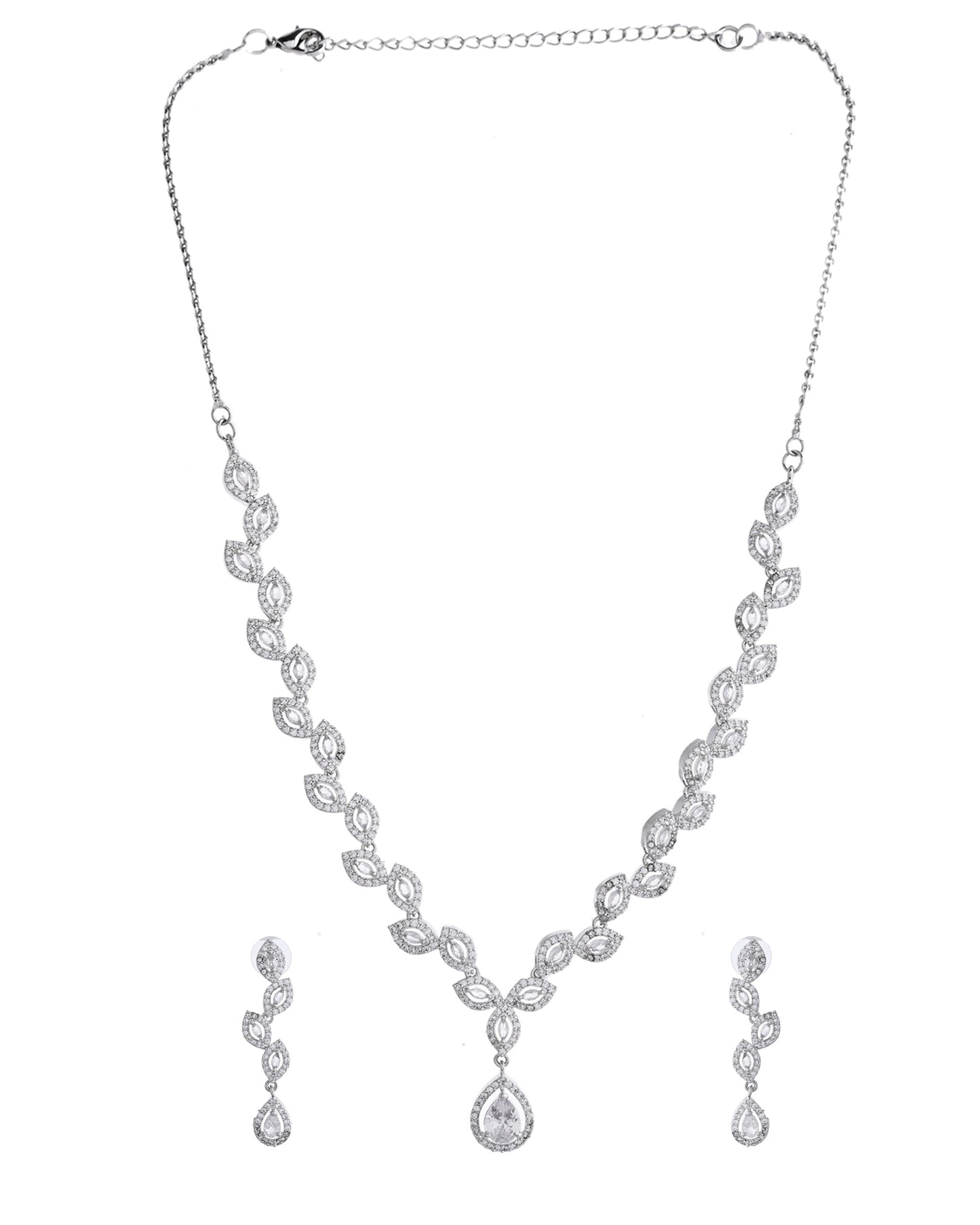 VOJ Silver Plated Tear Drop Shaped AD Necklace With Earrings Set - Swadesiicart