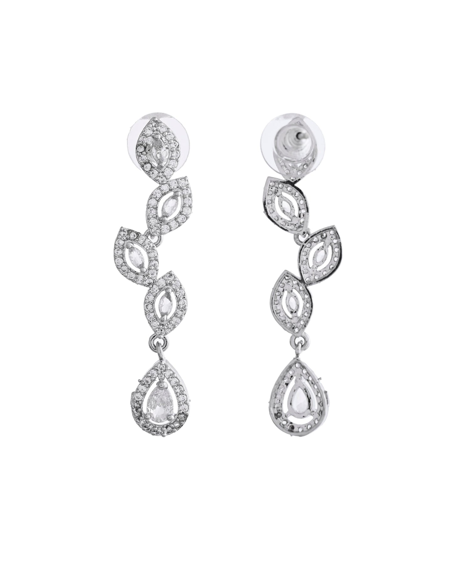 VOJ Silver Plated Tear Drop Shaped AD Necklace With Earrings Set - Swadesiicart