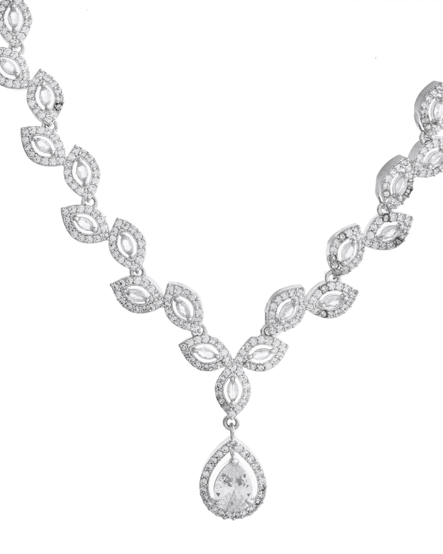 VOJ Silver Plated Tear Drop Shaped AD Necklace With Earrings Set - Swadesiicart