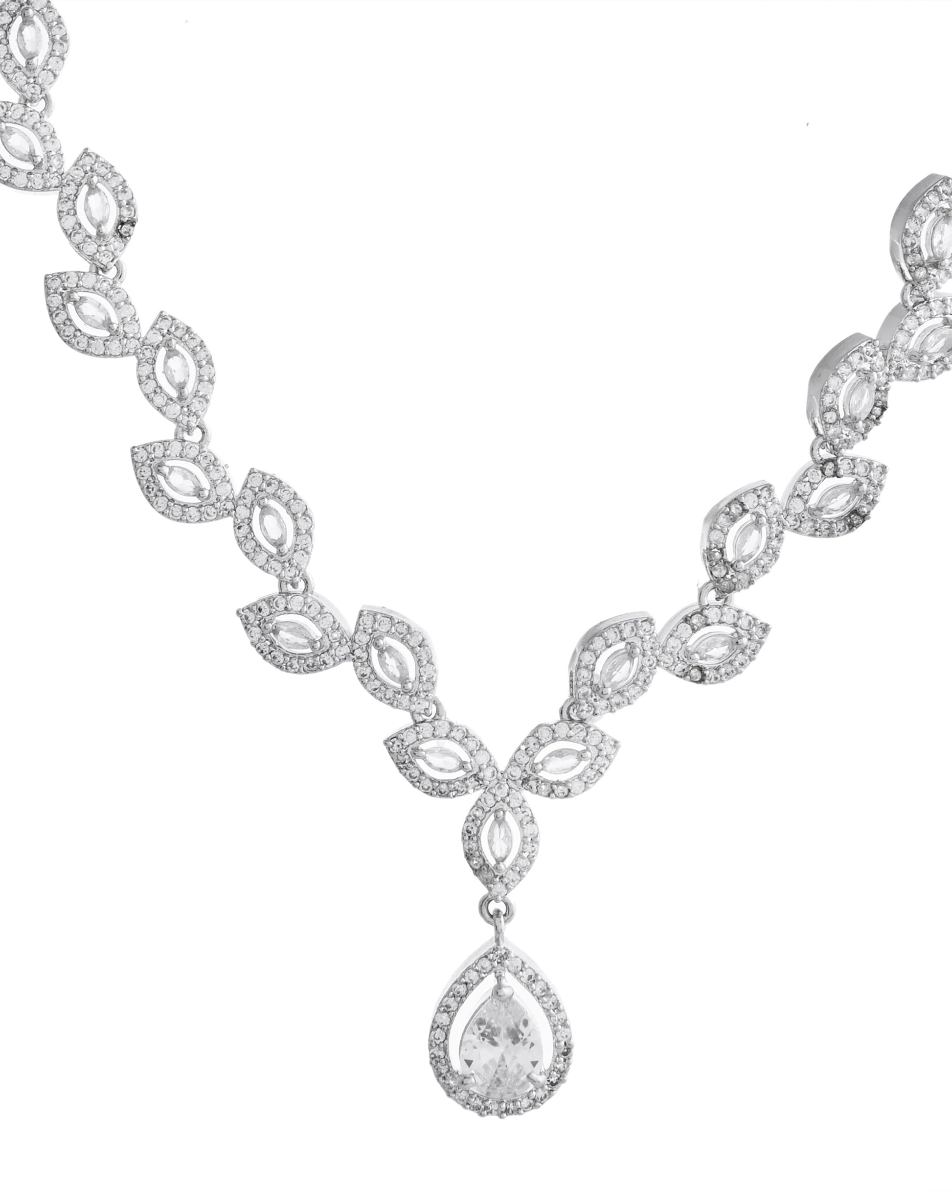 VOJ Silver Plated Tear Drop Shaped AD Necklace With Earrings Set - Swadesiicart