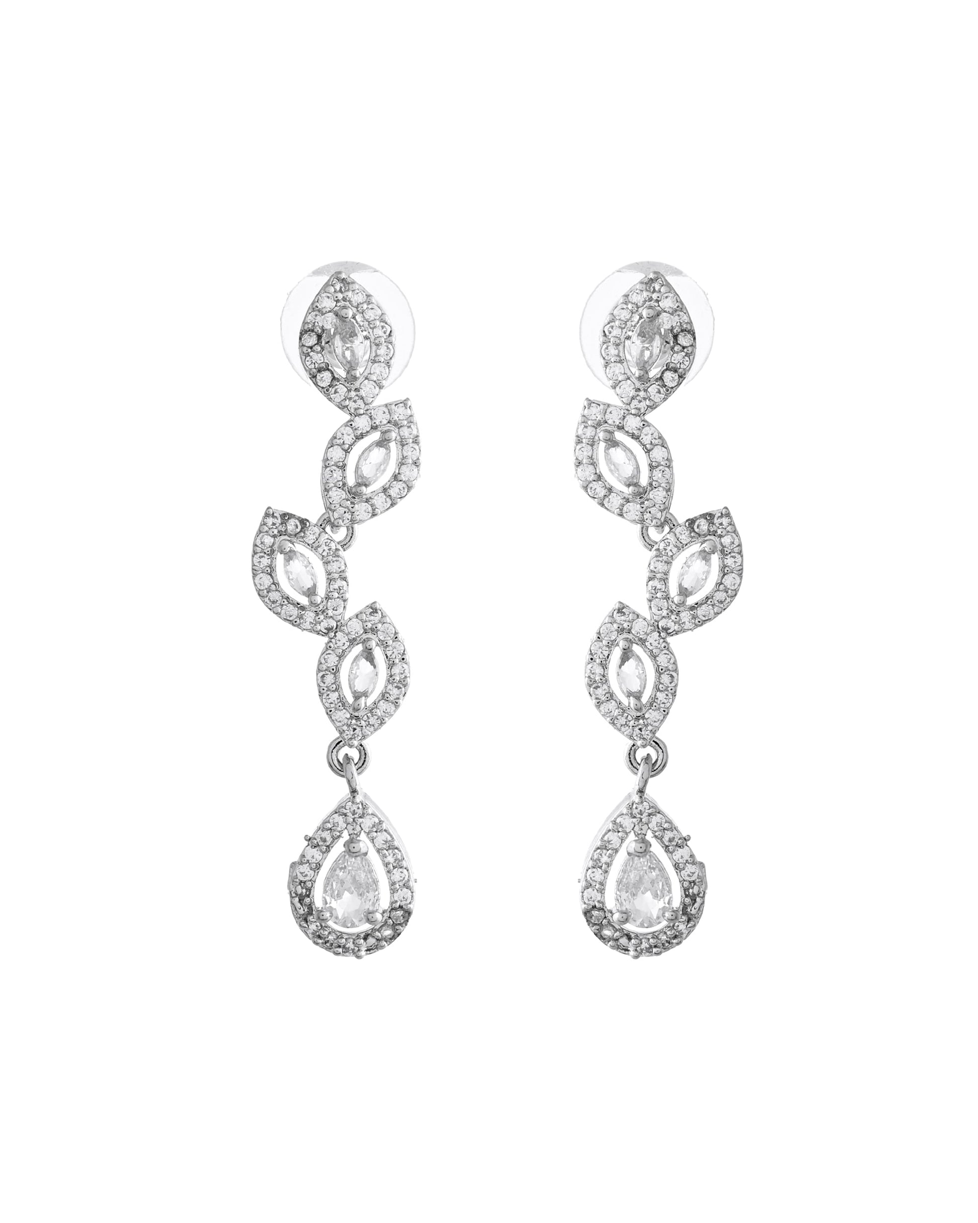 VOJ Silver Plated Tear Drop Shaped AD Necklace With Earrings Set - Swadesiicart