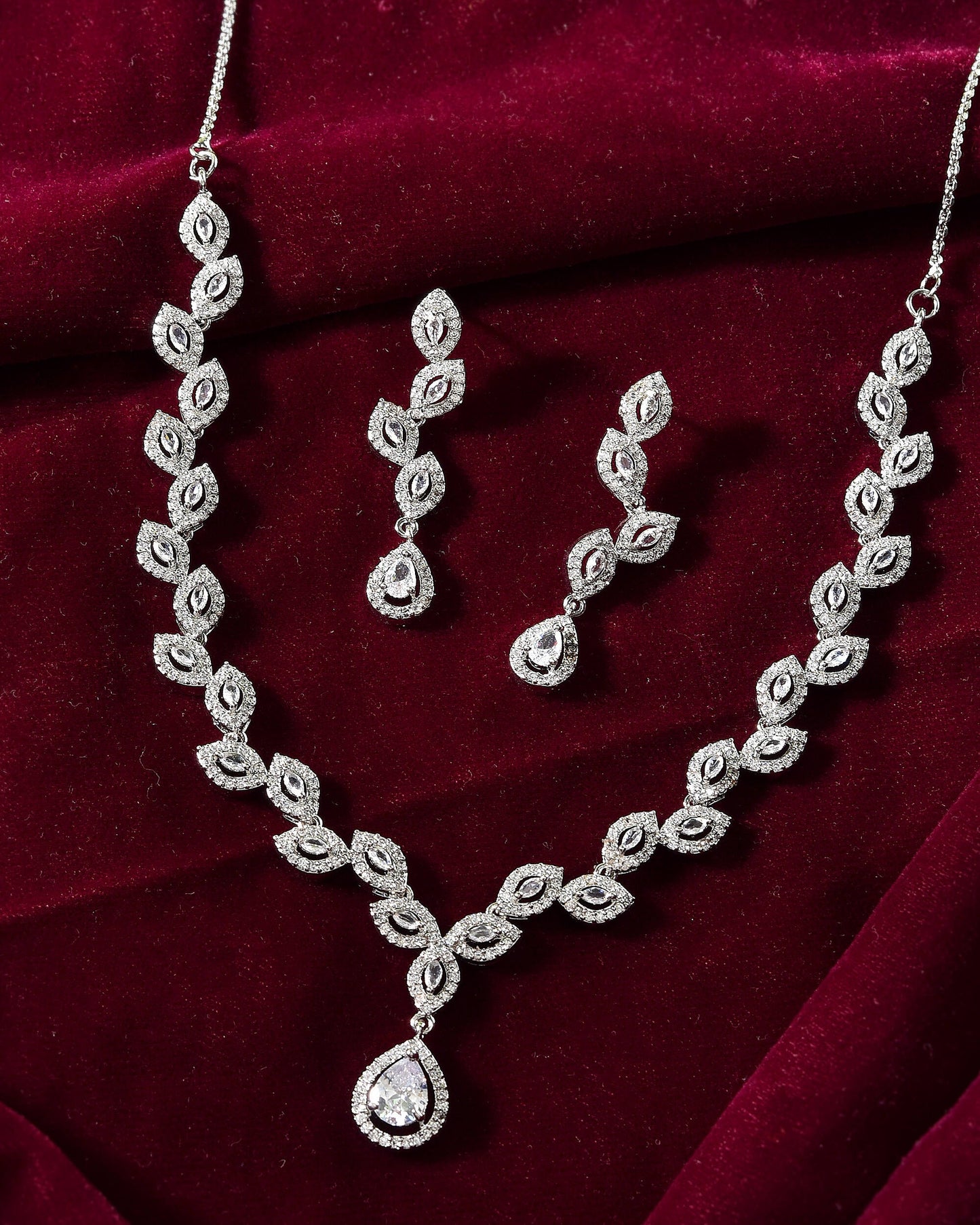 VOJ Silver Plated Tear Drop Shaped AD Necklace With Earrings Set - Swadesiicart