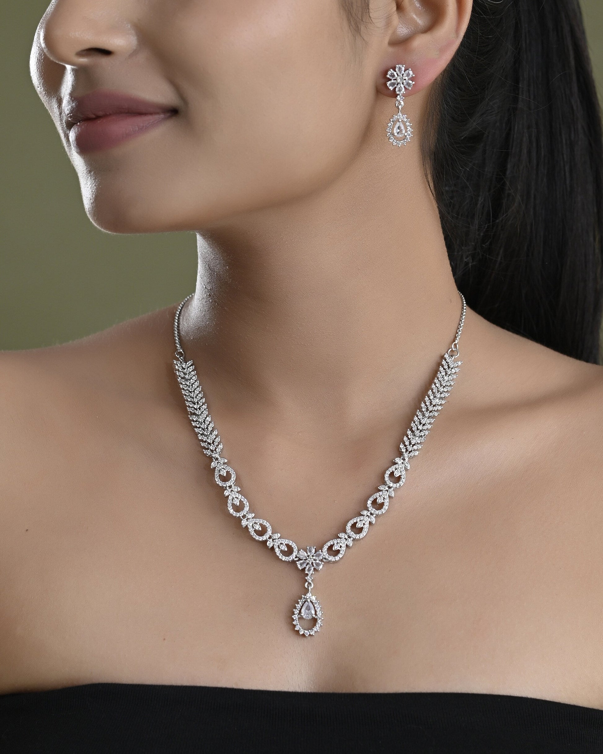 VOJ Silver Plated AD Stone Studded Necklace With Earrings Set - Swadesiicart
