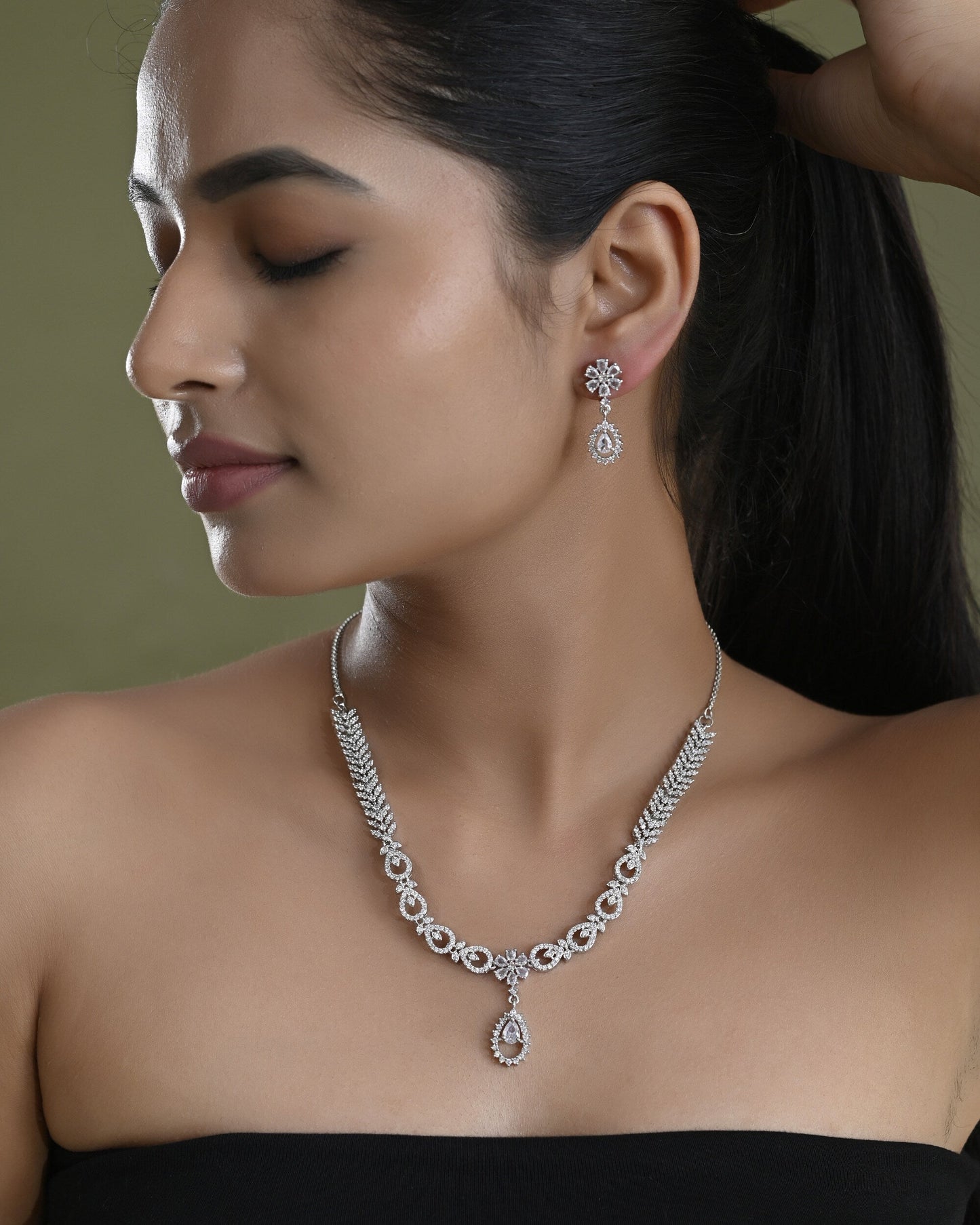 VOJ Silver Plated AD Stone Studded Necklace With Earrings Set - Swadesiicart