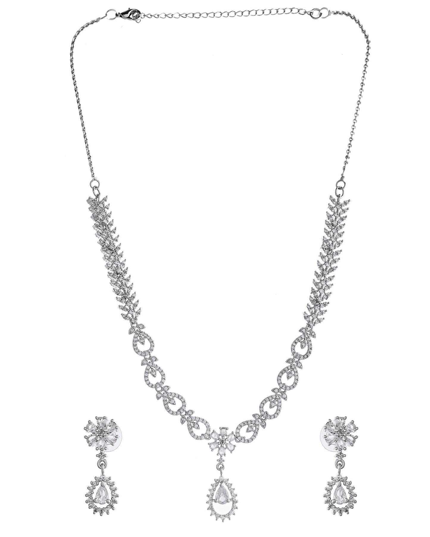 VOJ Silver Plated AD Stone Studded Necklace With Earrings Set - Swadesiicart