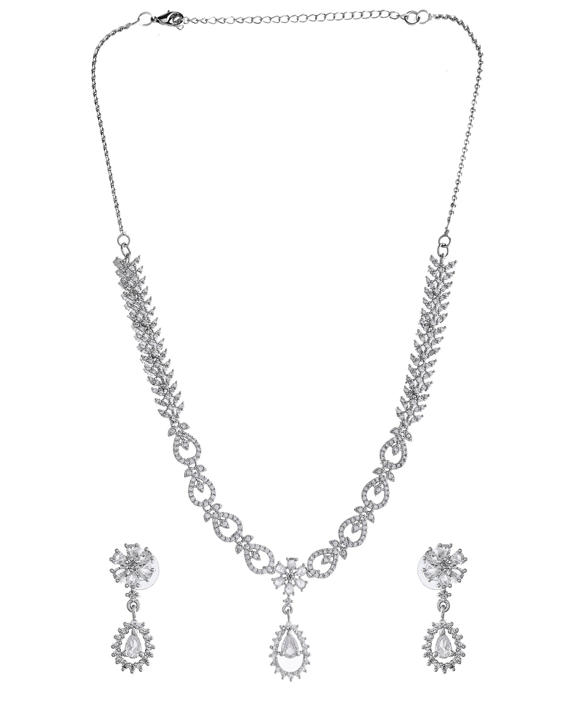 VOJ Silver Plated AD Stone Studded Necklace With Earrings Set - Swadesiicart