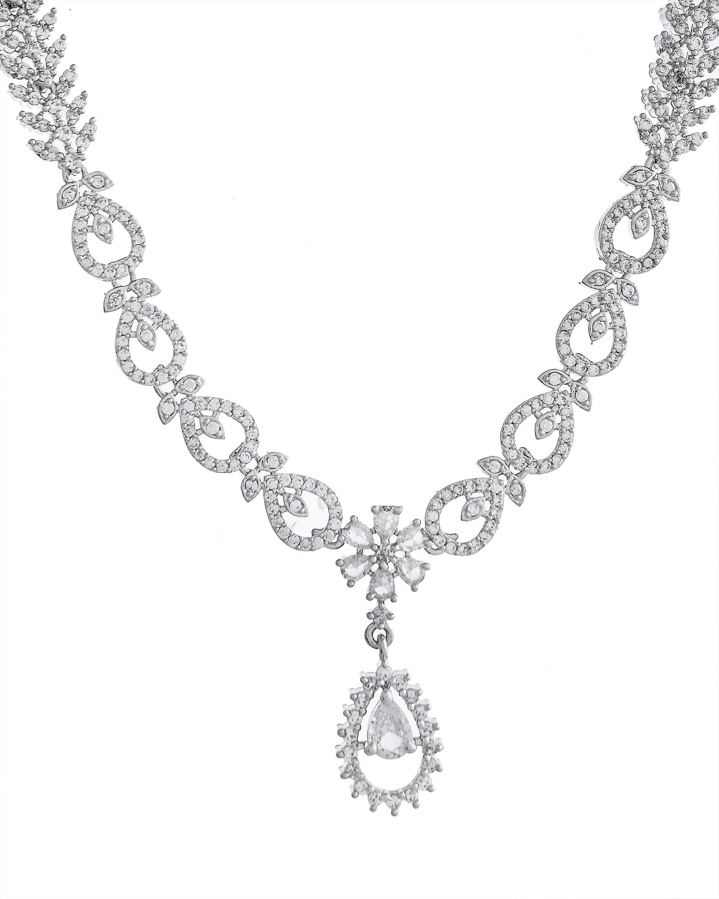 VOJ Silver Plated AD Stone Studded Necklace With Earrings Set - Swadesiicart