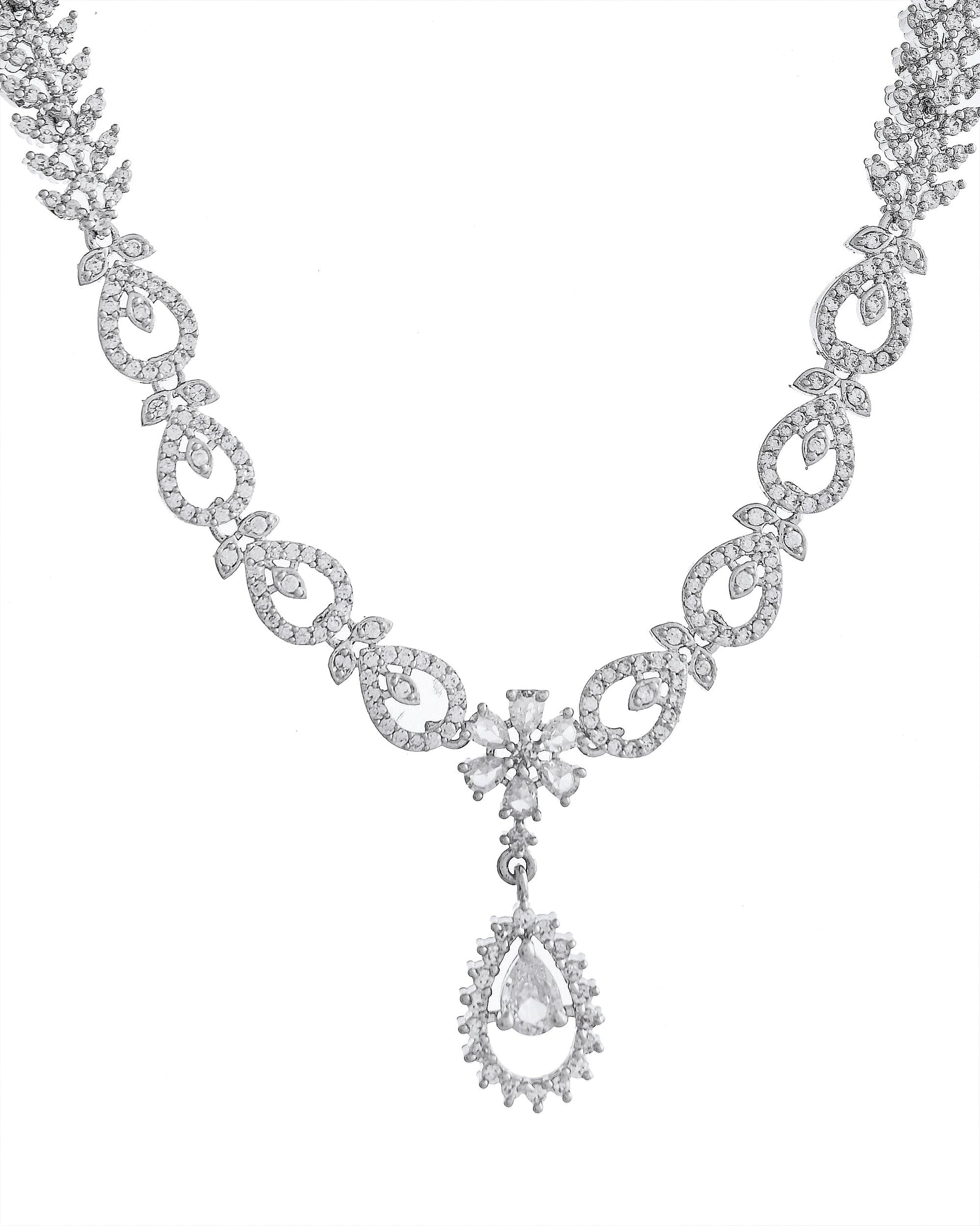 VOJ Silver Plated AD Stone Studded Necklace With Earrings Set - Swadesiicart