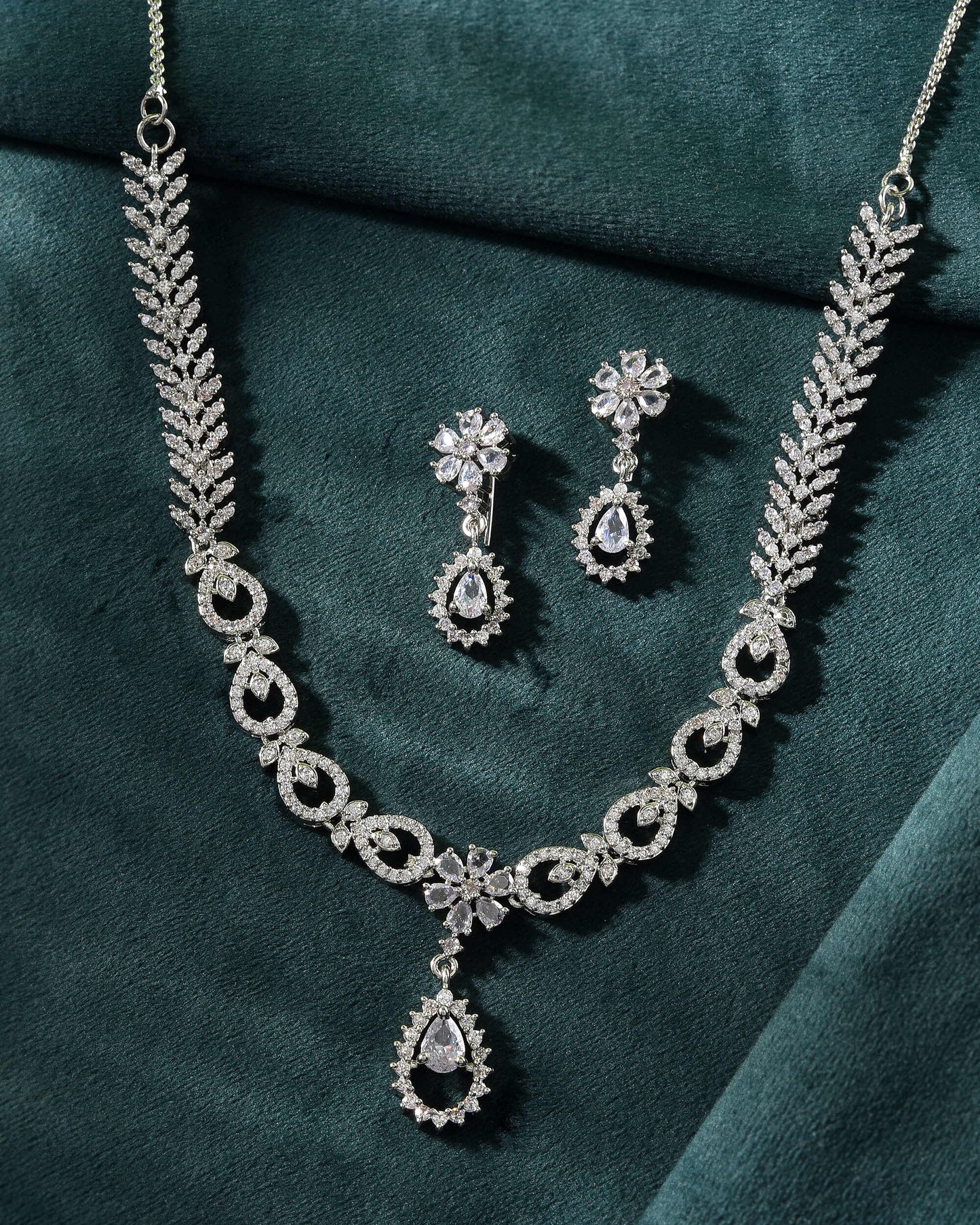VOJ Silver Plated AD Stone Studded Necklace With Earrings Set - Swadesiicart