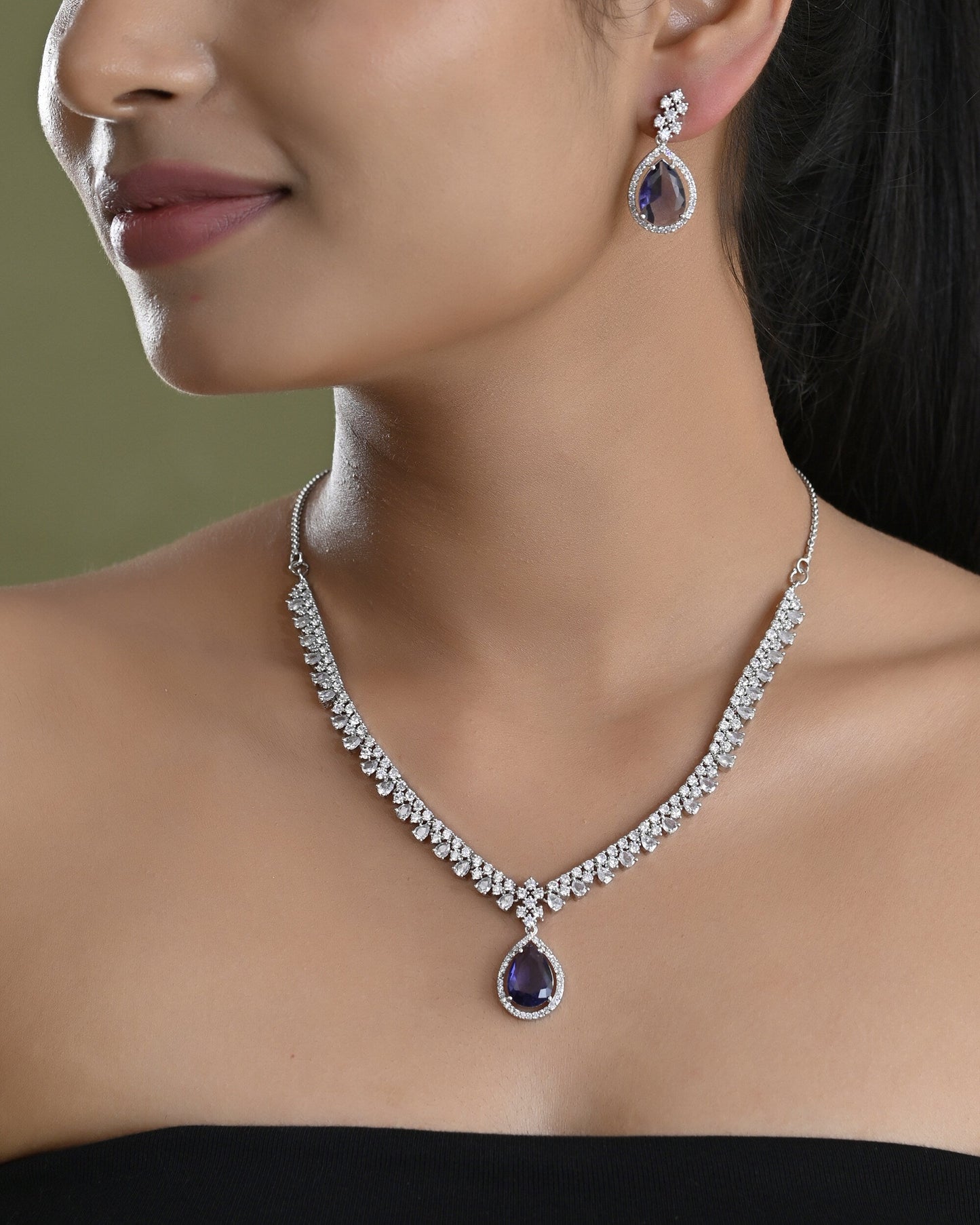 VOJ Silver Plated Purple Stone Studded AD Jewellery Set - Swadesiicart