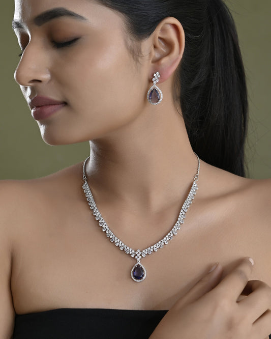 VOJ Silver Plated Purple Stone Studded AD Jewellery Set - Swadesiicart