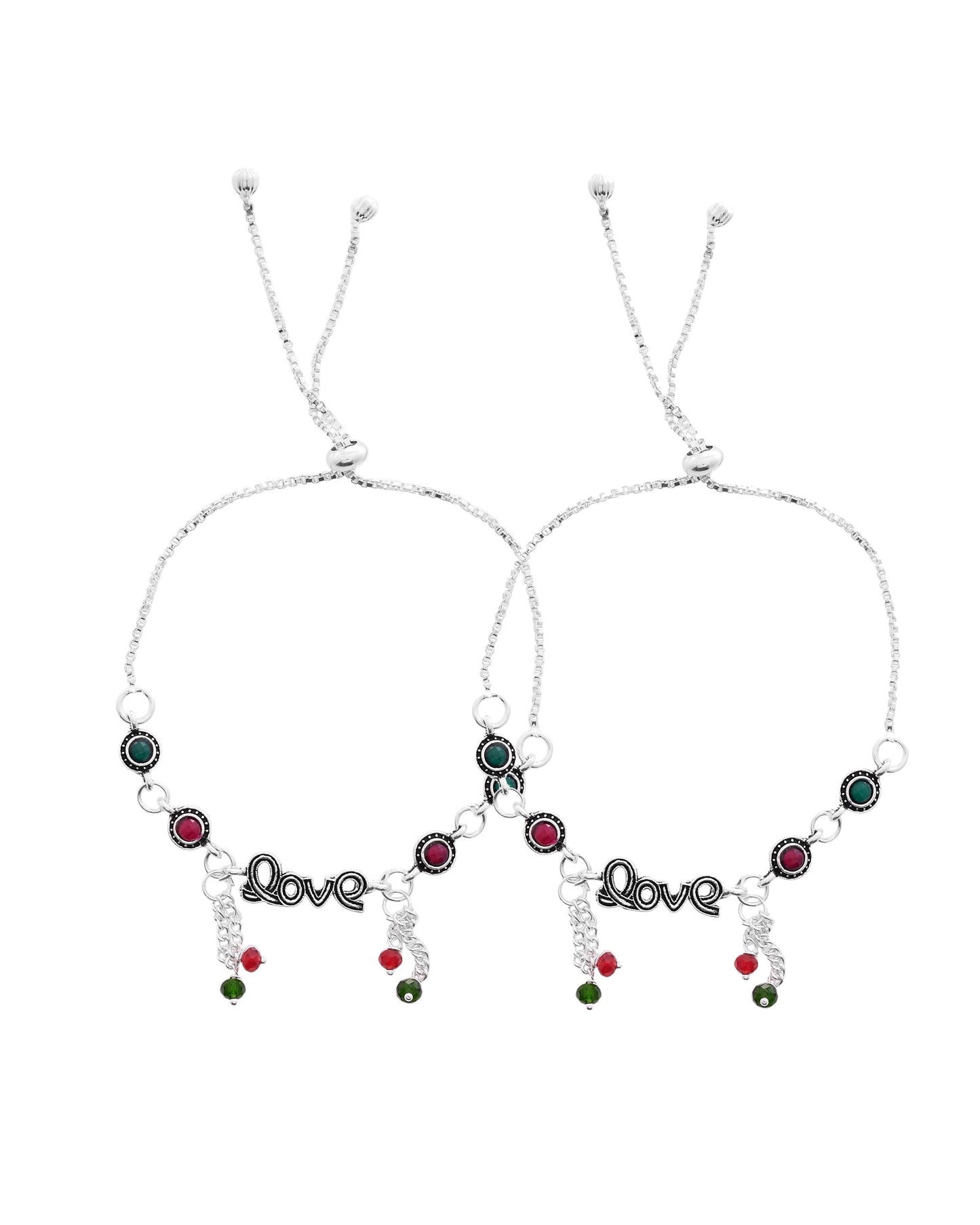 VOJ Set of 2 Silver Plated Love Meenakari Anklet - Swadesiicart