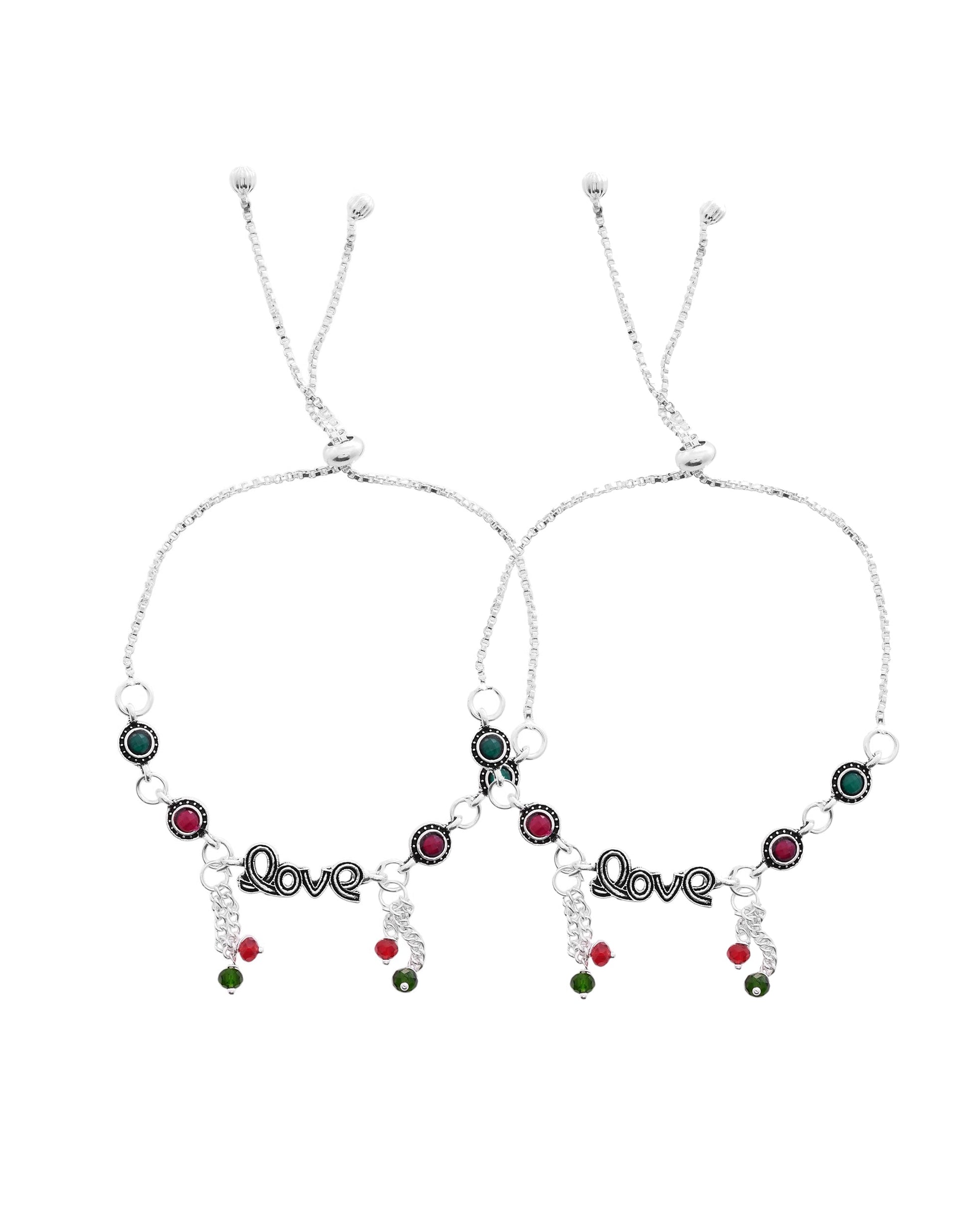 VOJ Set of 2 Silver Plated Love Meenakari Anklet - Swadesiicart