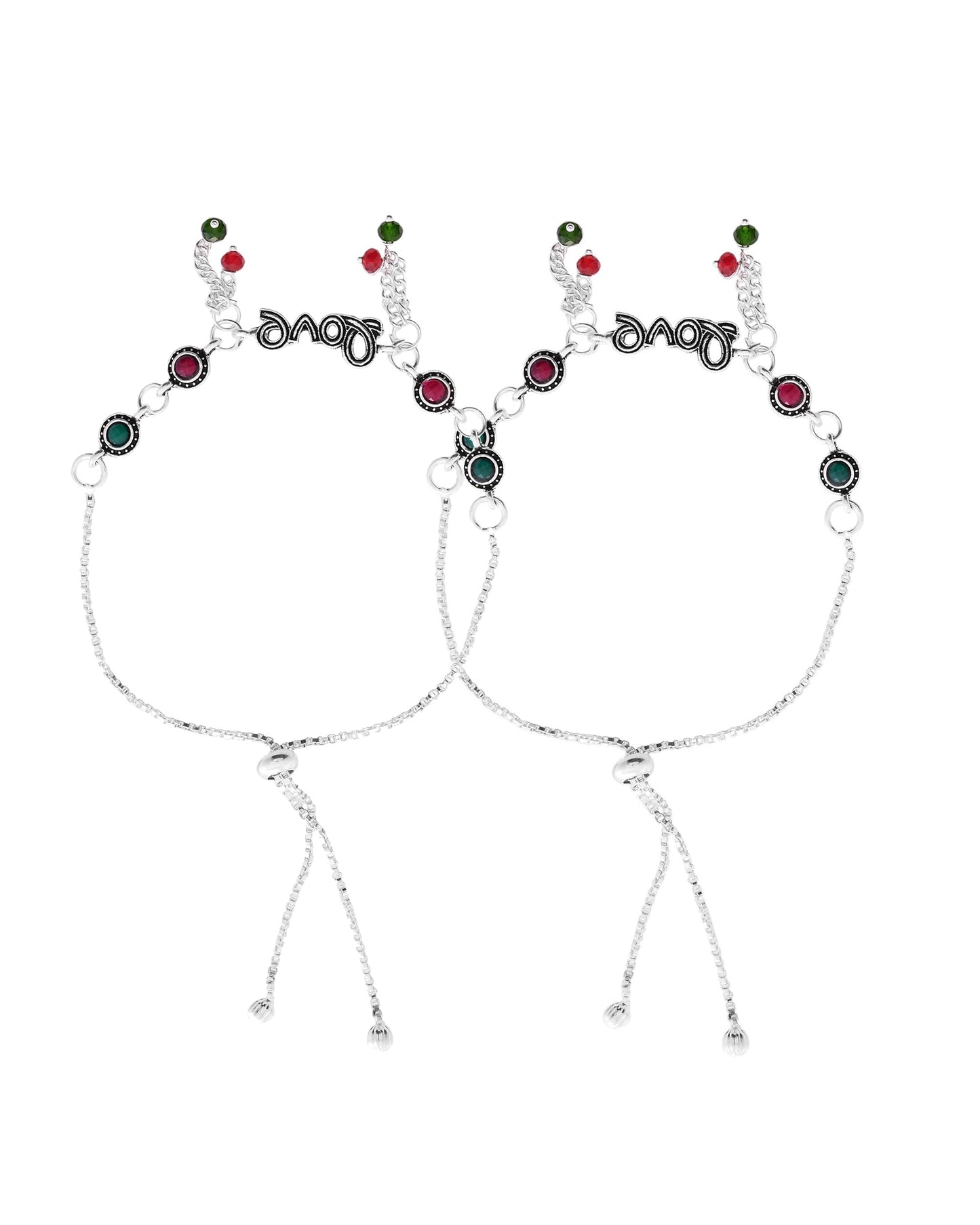 VOJ Set of 2 Silver Plated Love Meenakari Anklet - Swadesiicart