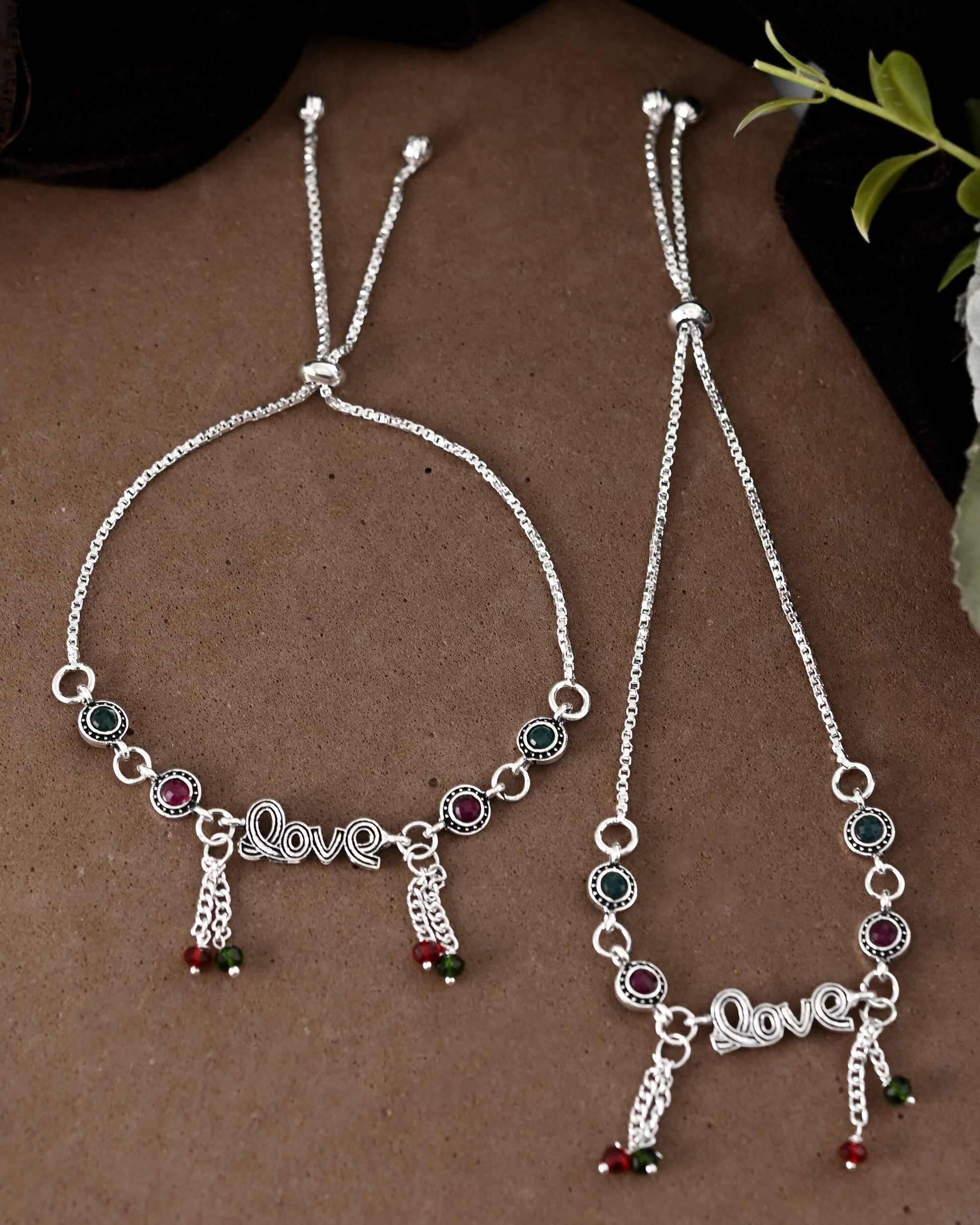 VOJ Set of 2 Silver Plated Love Meenakari Anklet - Swadesiicart