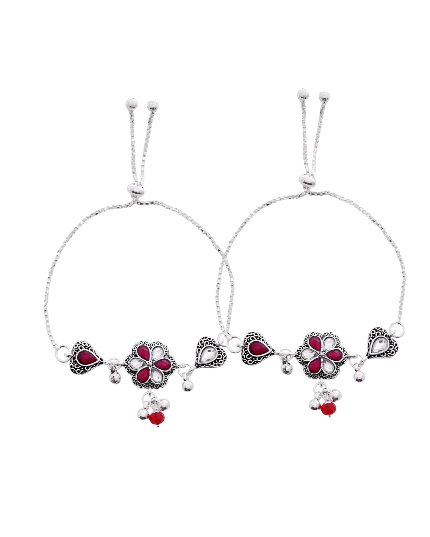 VOJ Set of 2 Silver Plated Floral Meenakari Anklet - Swadesiicart