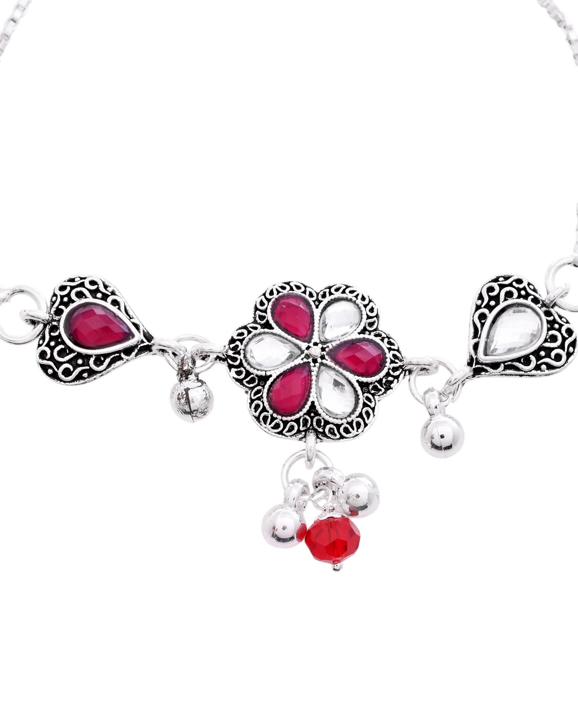 VOJ Set of 2 Silver Plated Floral Meenakari Anklet - Swadesiicart