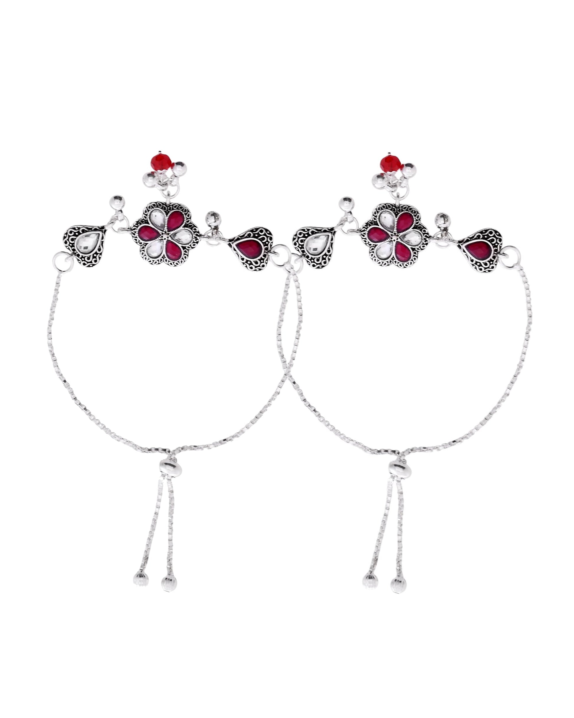 VOJ Set of 2 Silver Plated Floral Meenakari Anklet - Swadesiicart